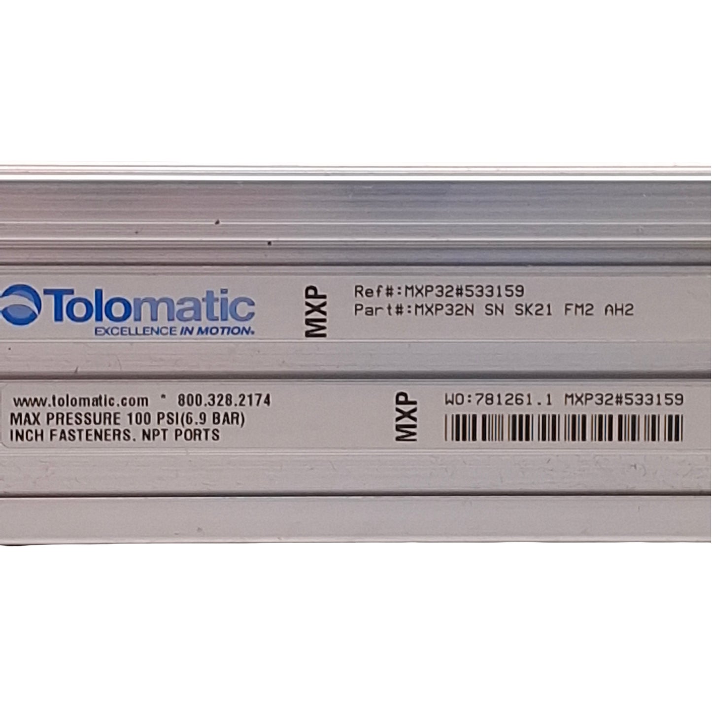 Used Tolomatic MXP32N SN SK21 Rodless Air Cylinder ø32mm Bore, 21in Stroke, 100psi