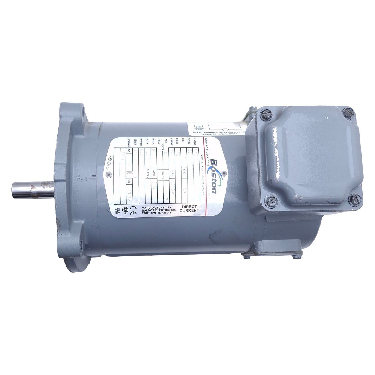 Used Boston Gear PM916AT-B DC Motor 1/6HP, 90VDC, 1750RPM, ø5/8in Shaft, NEMA 56C
