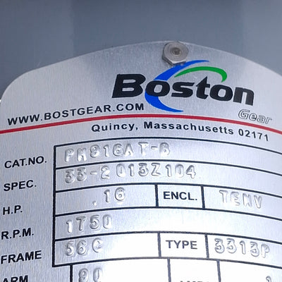 Used Boston Gear PM916AT-B DC Motor 1/6HP, 90VDC, 1750RPM, ø5/8in Shaft, NEMA 56C