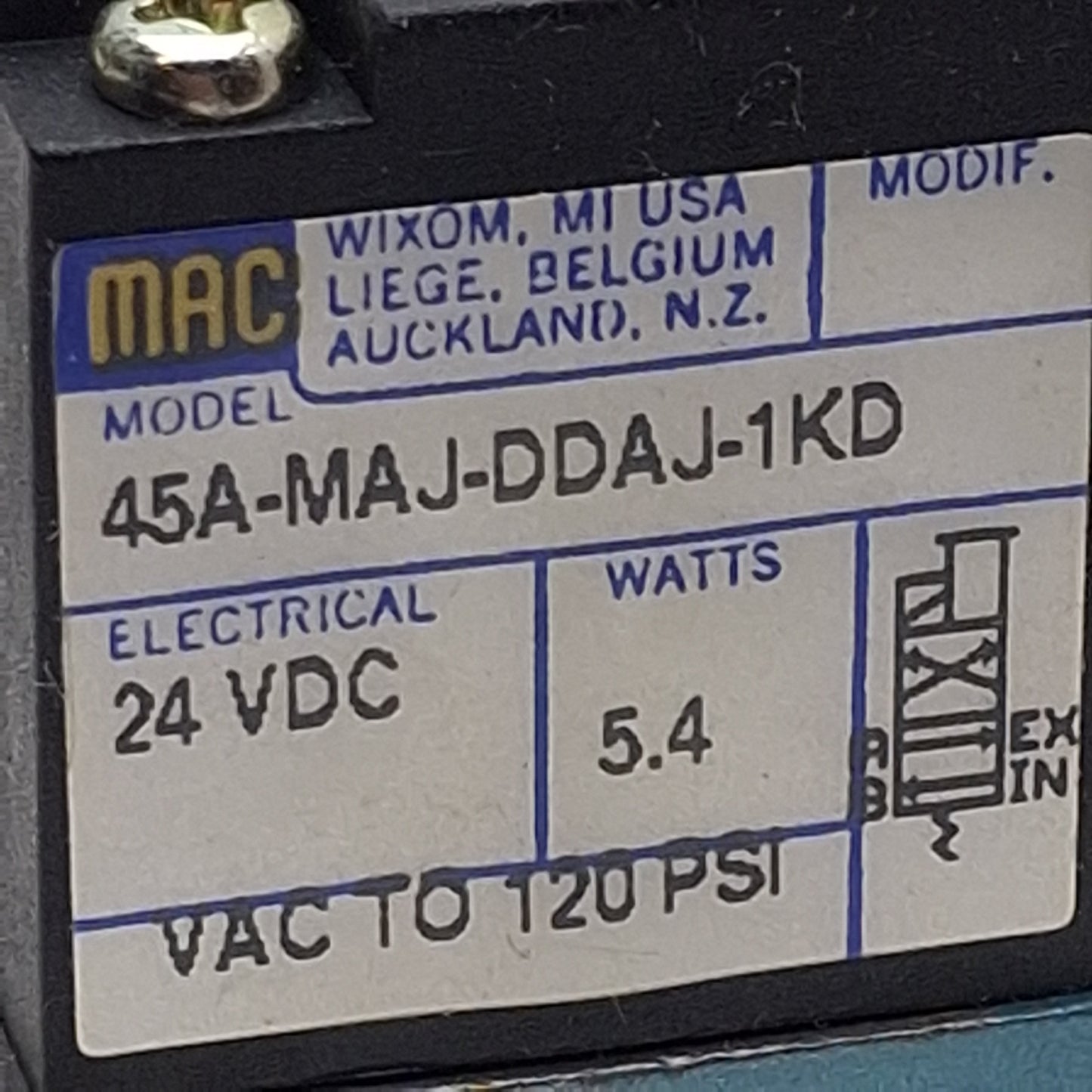 Used Mac 45A-MAJ-DDAJ-1KD Solenoid Valve, 4/2-Way, #10-32, Vac-120psi, 24VDC Coil