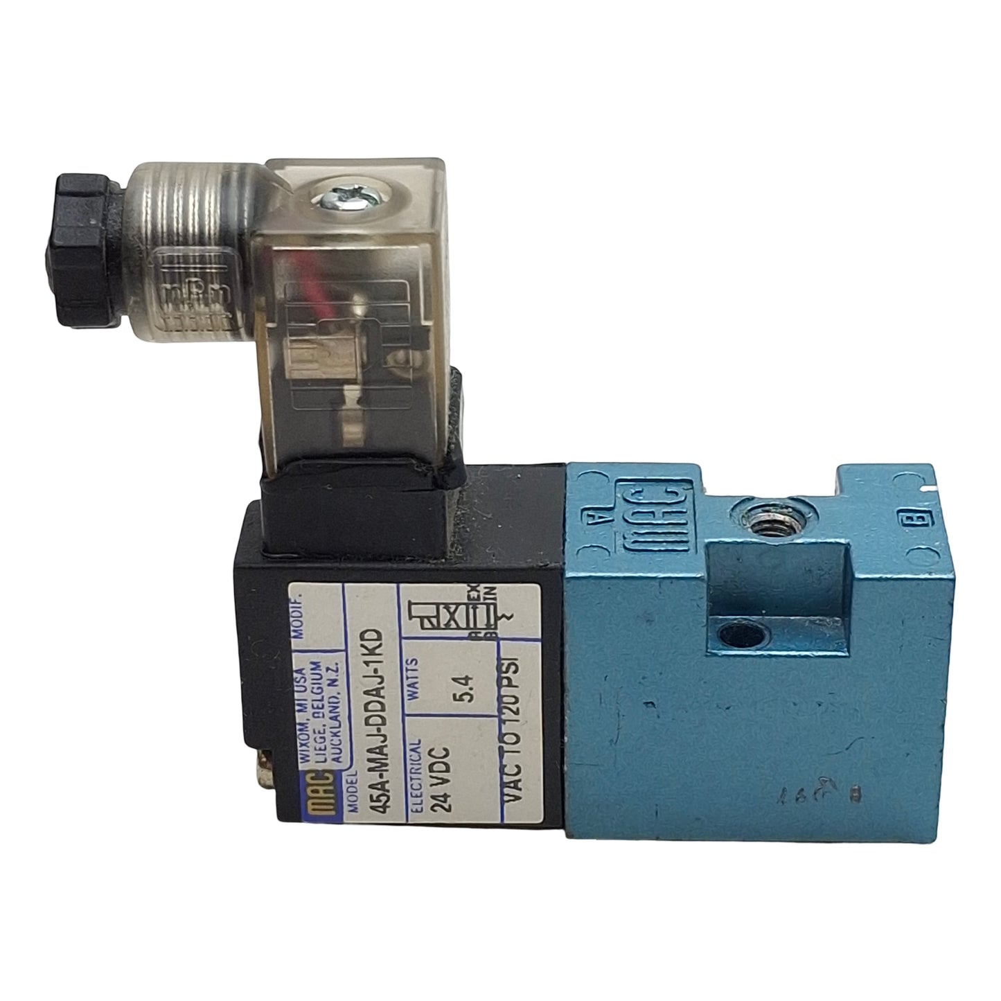 Used Mac 45A-MAJ-DDAJ-1KD Solenoid Valve, 4/2-Way, #10-32, Vac-120psi, 24VDC Coil