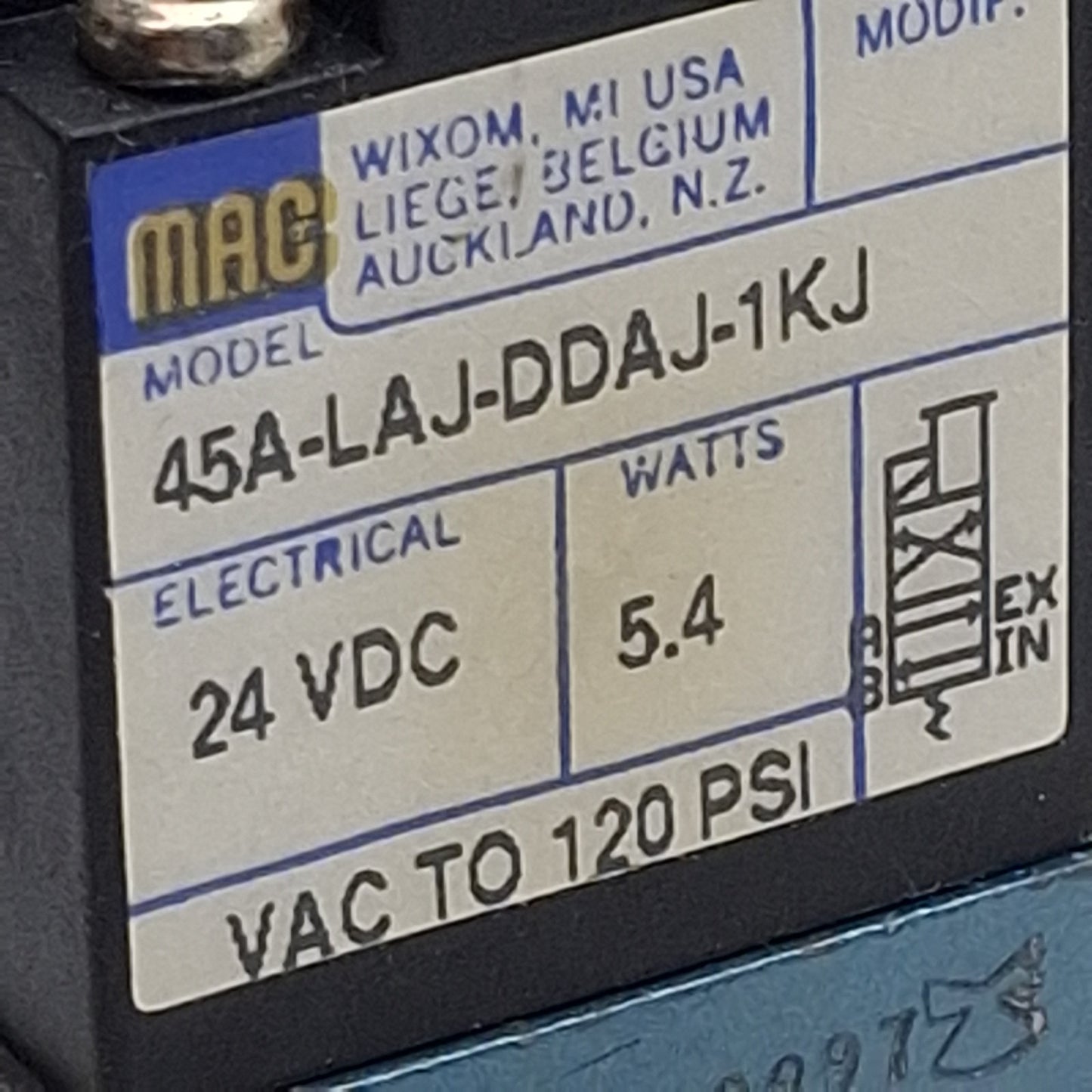 Used Mac 45A-LAJ-DDAJ-1KJ Solenoid Valve, 4/2-Way, Vac-120psi, 0.15Cv, 24VDC Coil