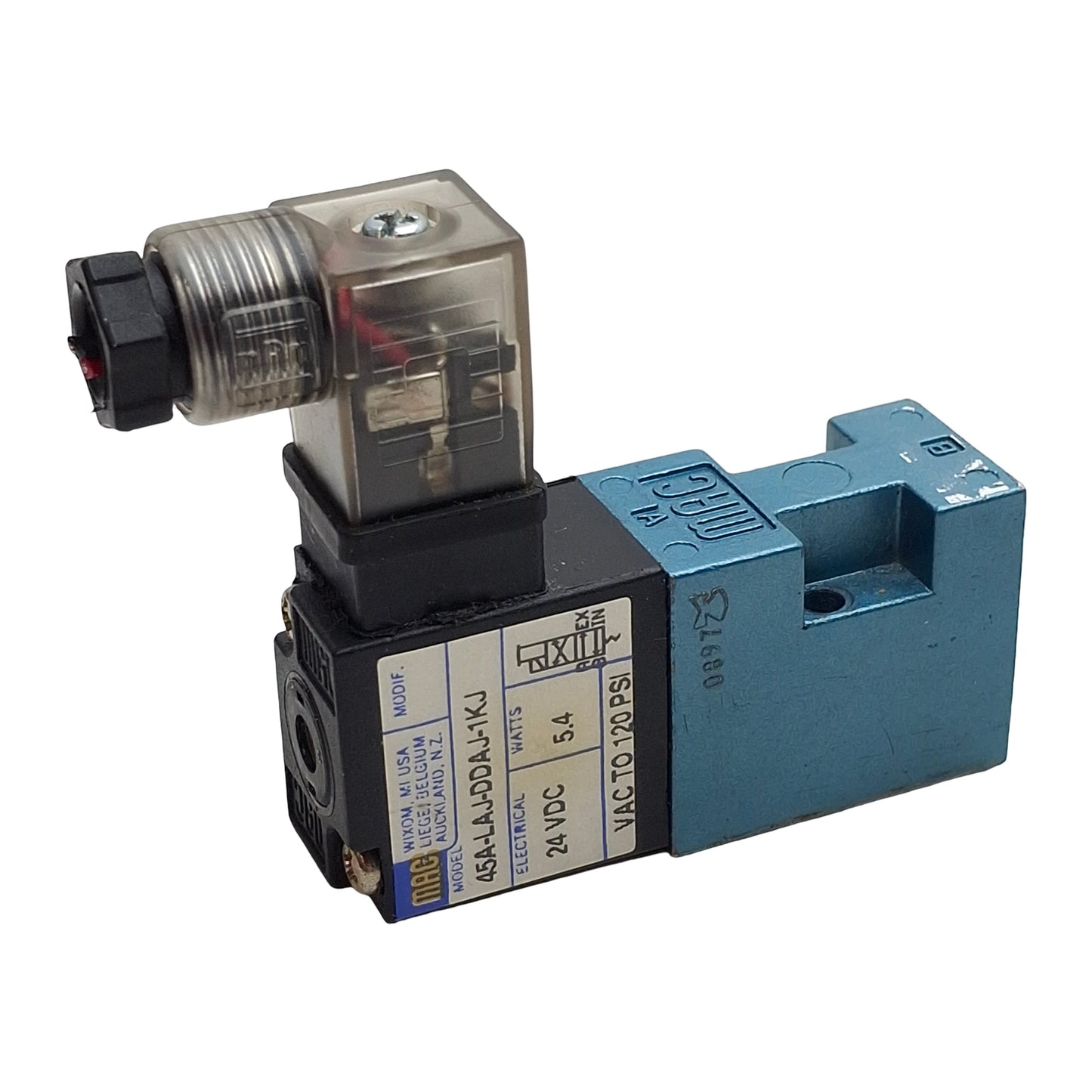 Used Mac 45A-LAJ-DDAJ-1KJ Solenoid Valve, 4/2-Way, Vac-120psi, 0.15Cv, 24VDC Coil