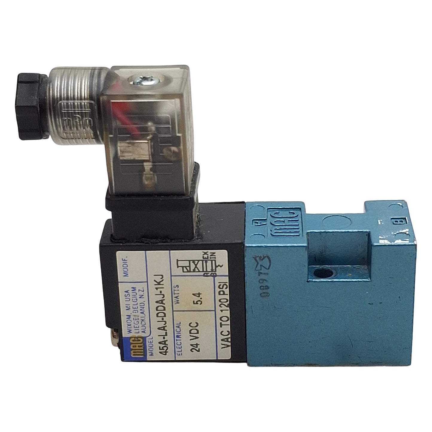 Used Mac 45A-LAJ-DDAJ-1KJ Solenoid Valve, 4/2-Way, Vac-120psi, 0.15Cv, 24VDC Coil