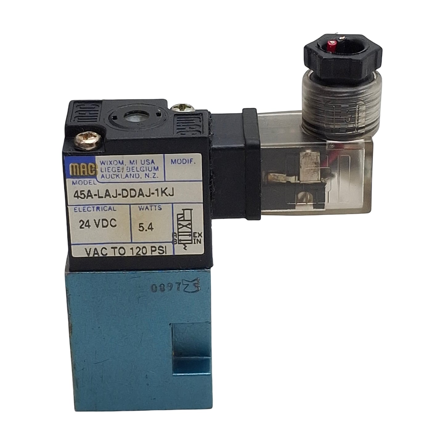 Used Mac 45A-LAJ-DDAJ-1KJ Solenoid Valve, 4/2-Way, Vac-120psi, 0.15Cv, 24VDC Coil
