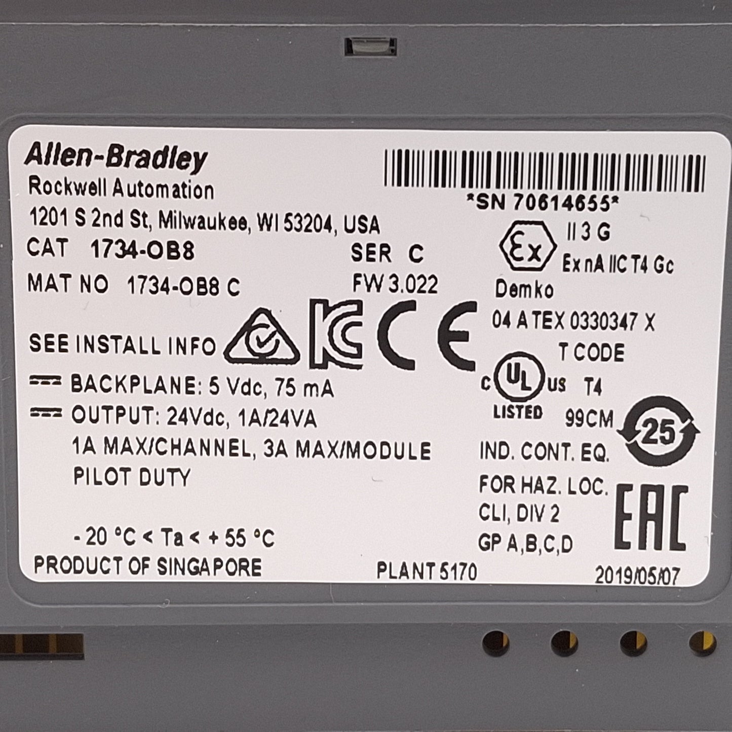 Used Allen Bradley 1734-OB8 Ser C POINT I/O Digital Output Module, 8-Point, 24VDC