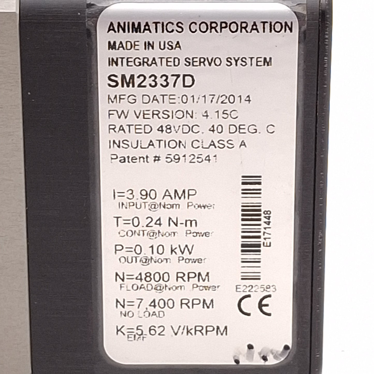 Used Moog Animatics SM2337D SmartMotor Servo Motor, 0.1kW, 48VDC 3.9A, NEMA 23