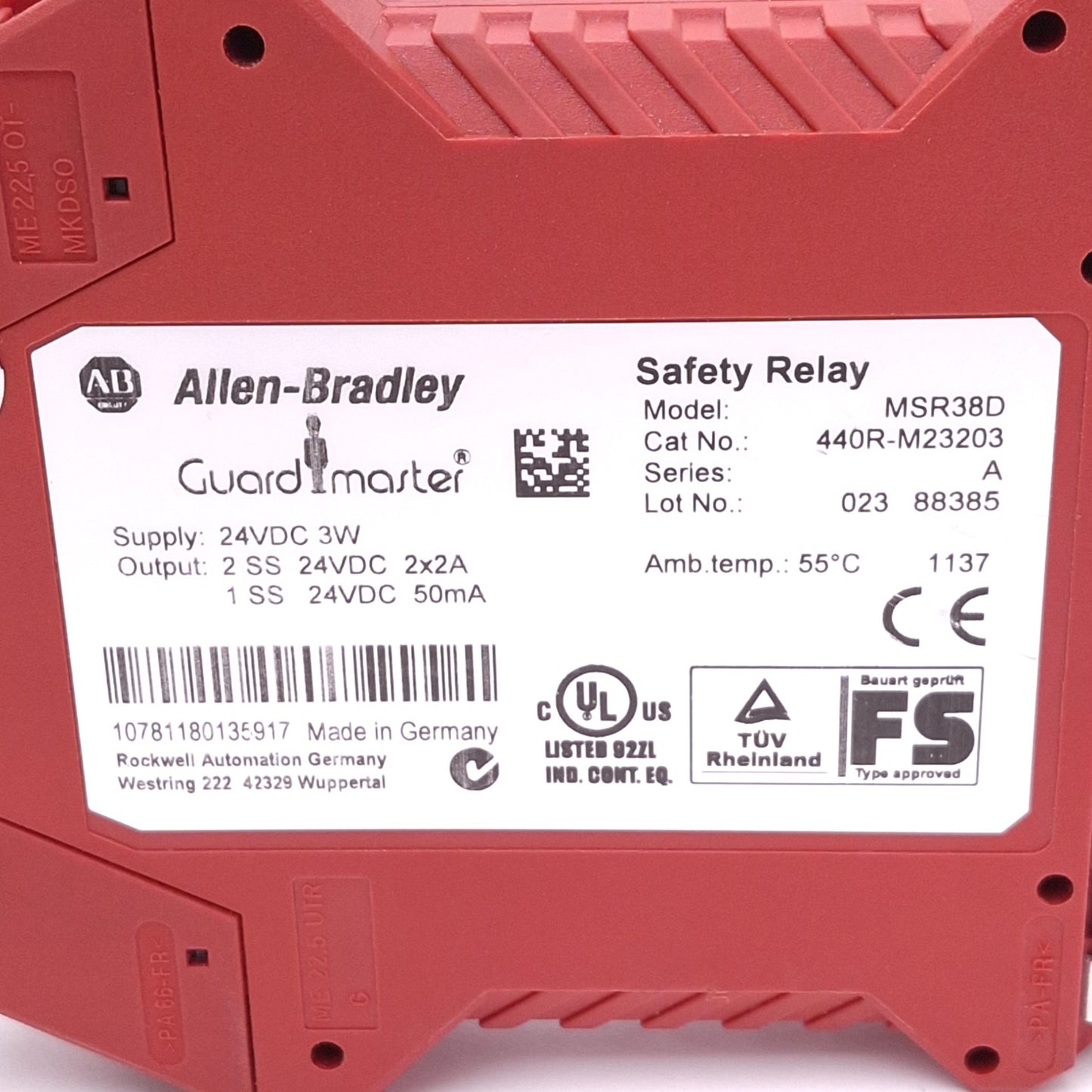Used Allen Bradley MSR38D 440R-M23203 Safety Relay, 2-Pole Safety Out, 1NO Aux, 24VDC