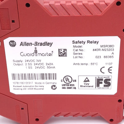 Used Allen Bradley MSR38D 440R-M23203 Safety Relay, 2-Pole Safety Out, 1NO Aux, 24VDC