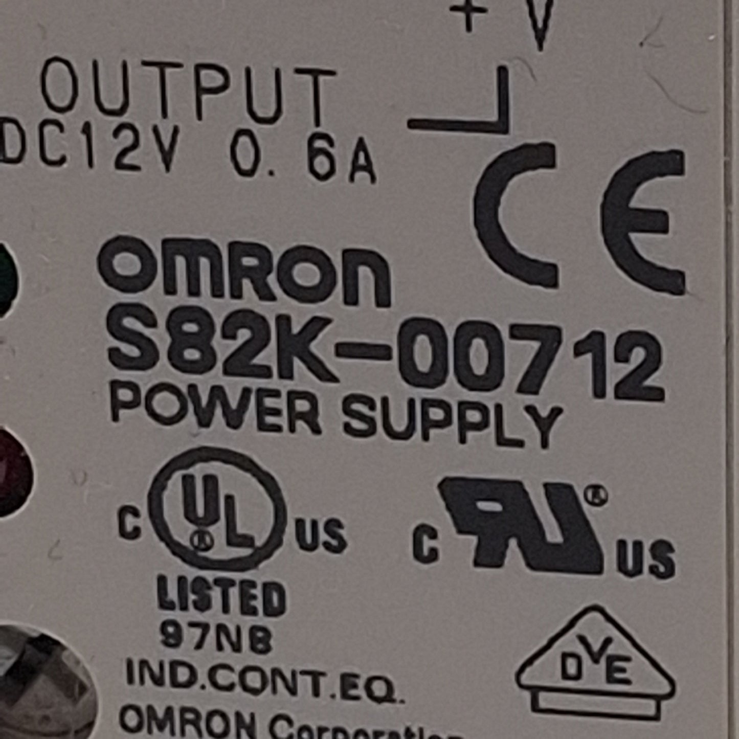 Used Omron S82K-00712 Power Supply, 100-240VAC In, 0.6A 12VDC Out, DIN Rail