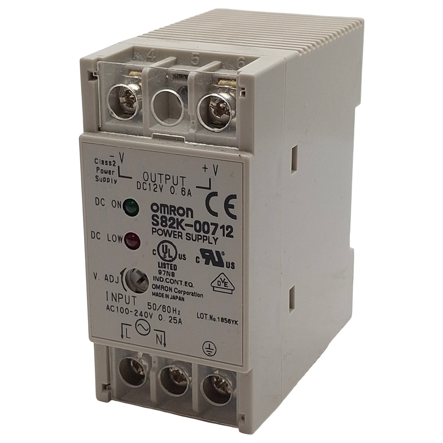 Used Omron S82K-00712 Power Supply, 100-240VAC In, 0.6A 12VDC Out, DIN Rail
