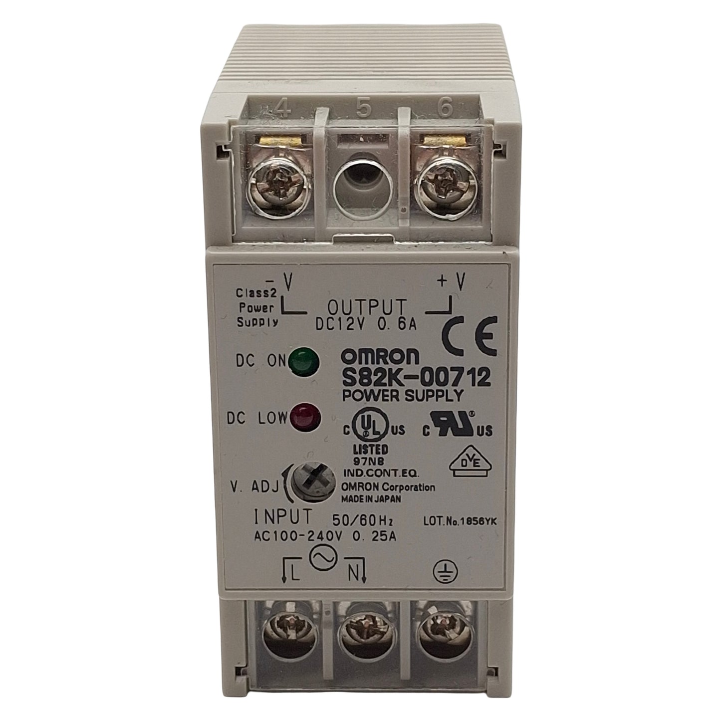 Used Omron S82K-00712 Power Supply, 100-240VAC In, 0.6A 12VDC Out, DIN Rail