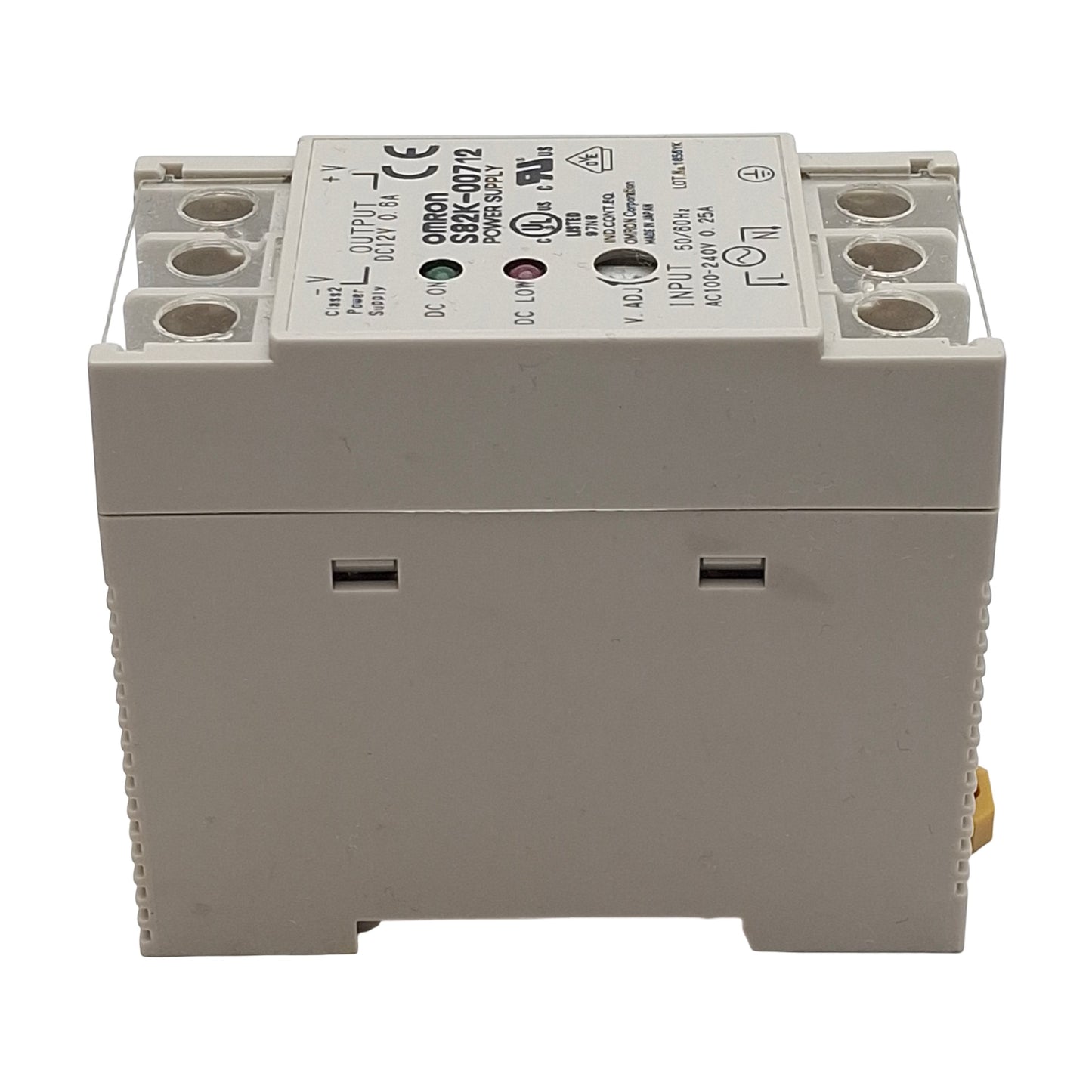 Used Omron S82K-00712 Power Supply, 100-240VAC In, 0.6A 12VDC Out, DIN Rail