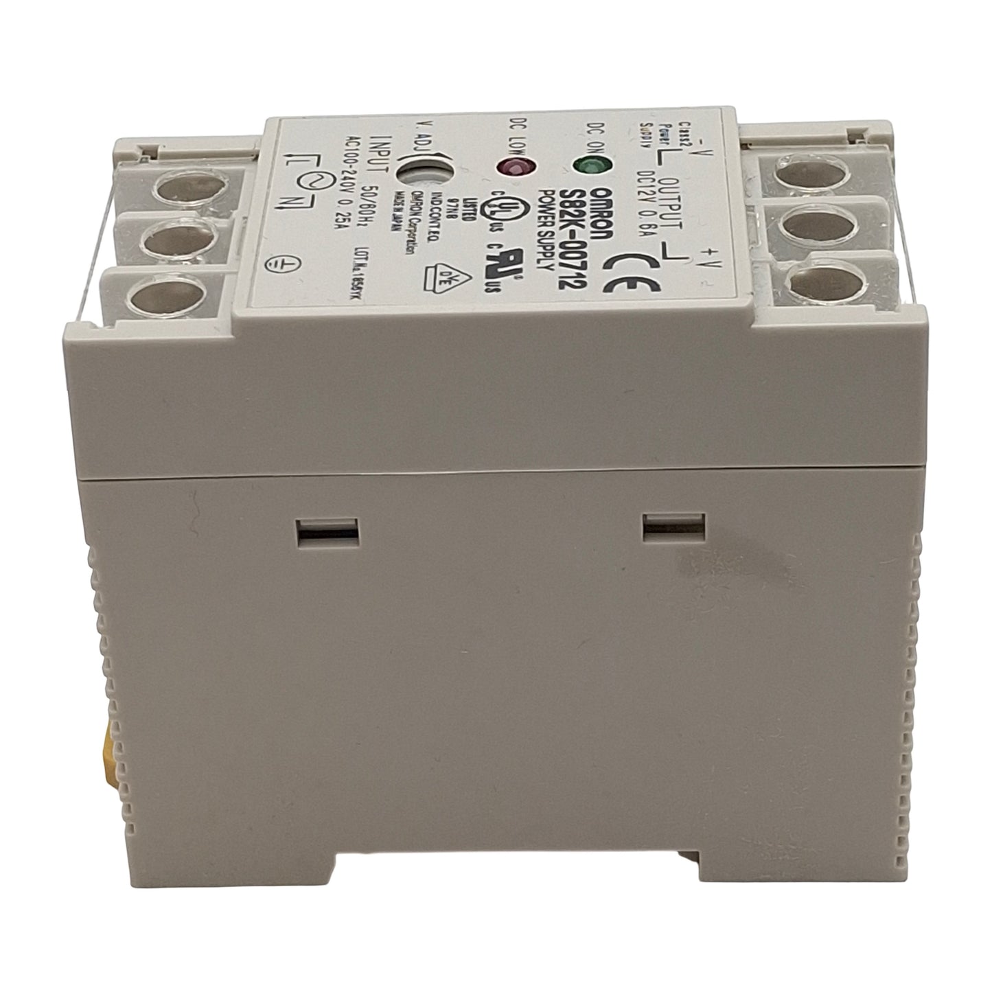 Used Omron S82K-00712 Power Supply, 100-240VAC In, 0.6A 12VDC Out, DIN Rail