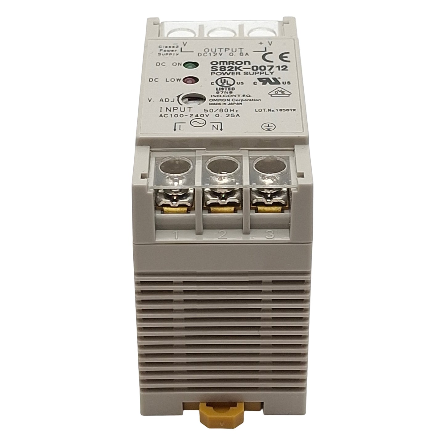 Used Omron S82K-00712 Power Supply, 100-240VAC In, 0.6A 12VDC Out, DIN Rail