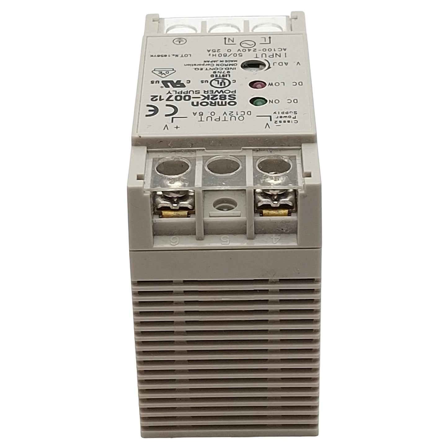 Used Omron S82K-00712 Power Supply, 100-240VAC In, 0.6A 12VDC Out, DIN Rail