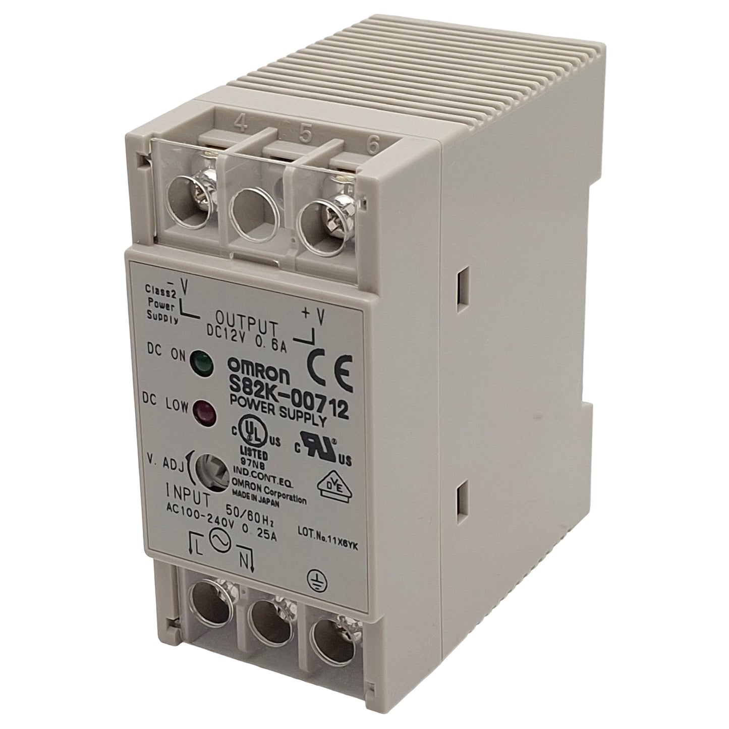 New – Open box Omron S82K-00712 Power Supply, 100-240VAC In, 0.6A 12VDC Out, DIN Rail