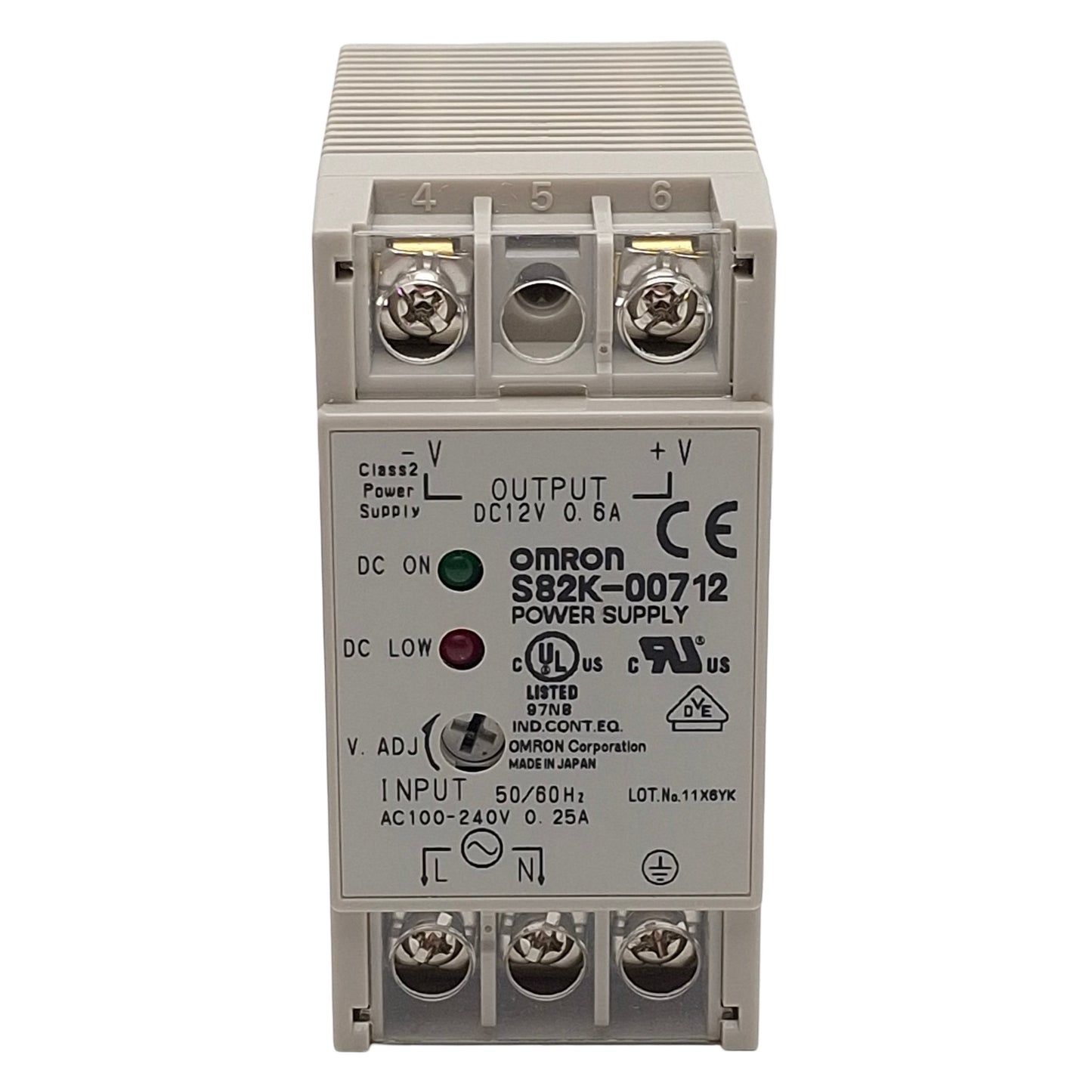 New – Open box Omron S82K-00712 Power Supply, 100-240VAC In, 0.6A 12VDC Out, DIN Rail