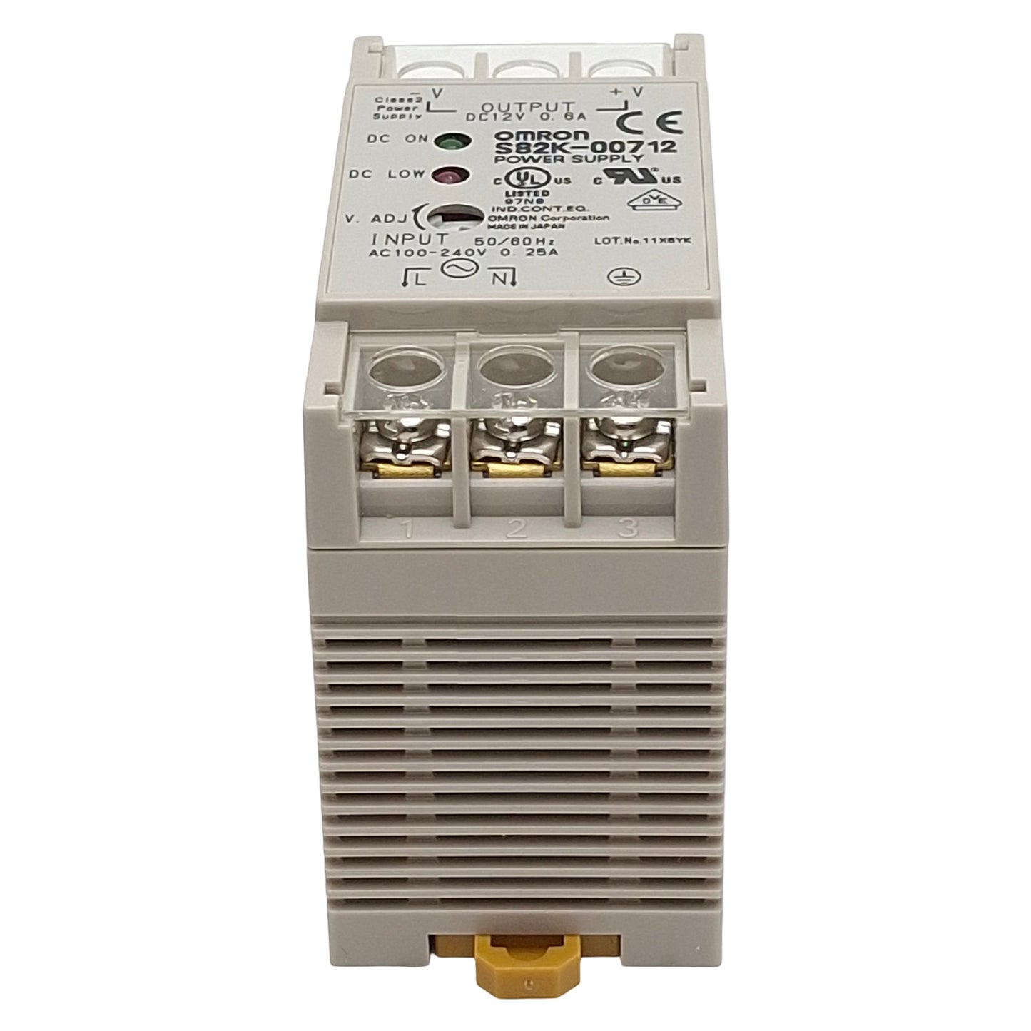 New – Open box Omron S82K-00712 Power Supply, 100-240VAC In, 0.6A 12VDC Out, DIN Rail