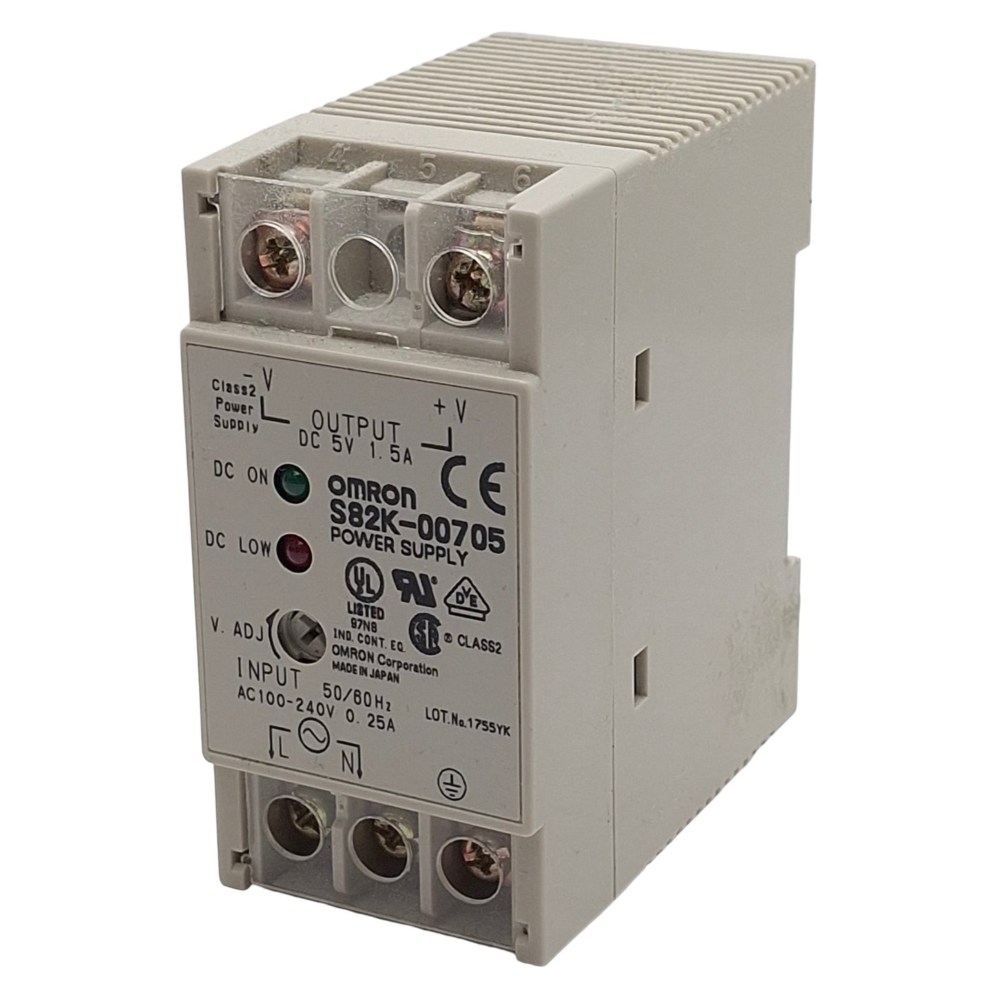 Used Omron S82K-00705 Power Supply, 100-240VAC In, 1.5A 5VDC Out, DIN Rail