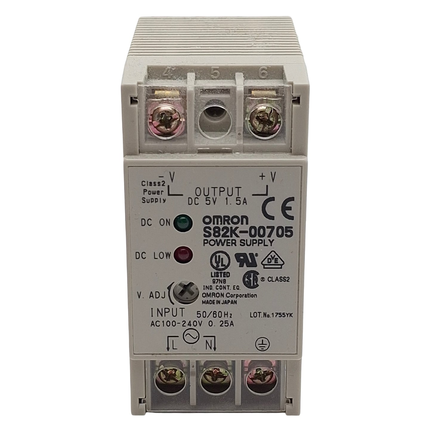 Used Omron S82K-00705 Power Supply, 100-240VAC In, 1.5A 5VDC Out, DIN Rail