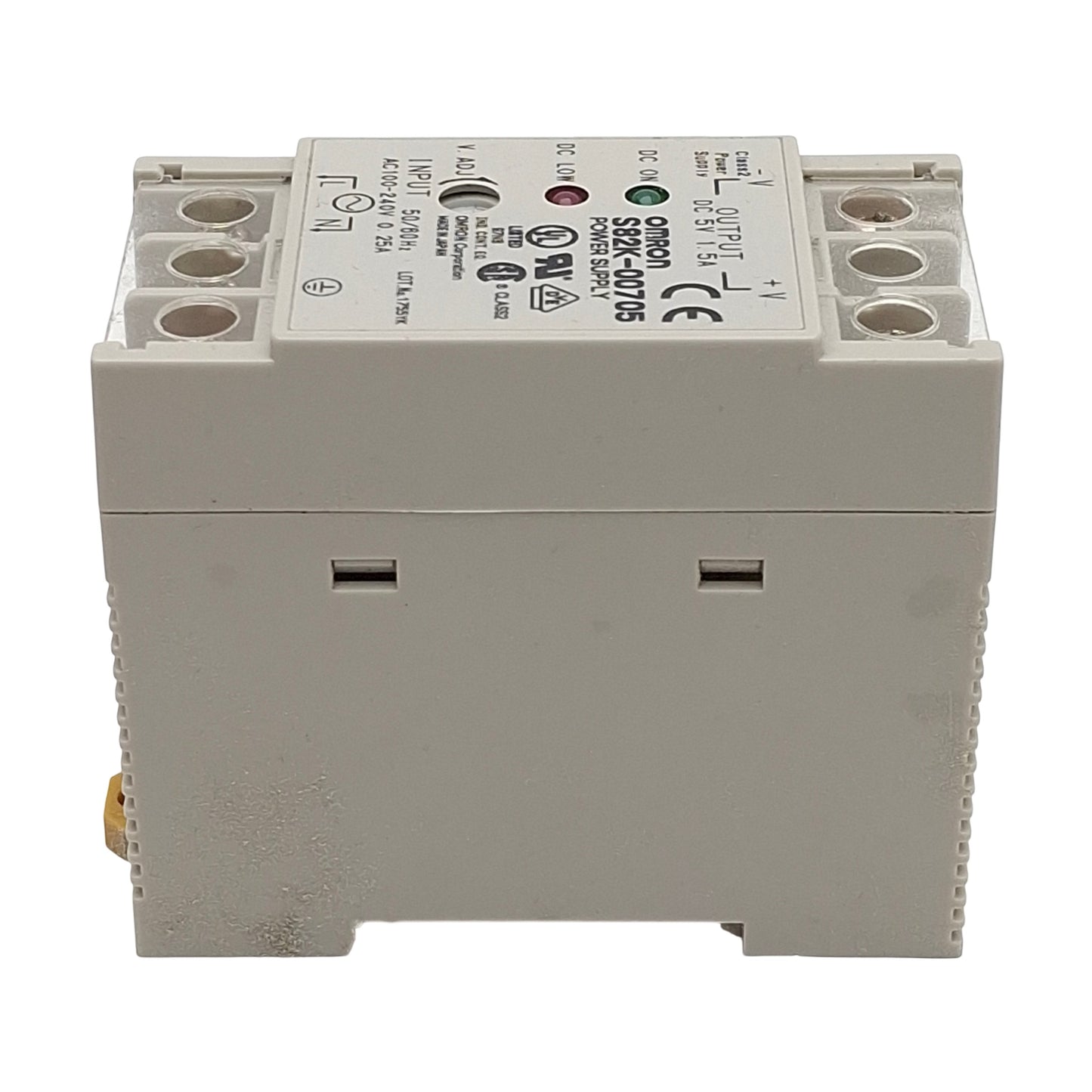 Used Omron S82K-00705 Power Supply, 100-240VAC In, 1.5A 5VDC Out, DIN Rail