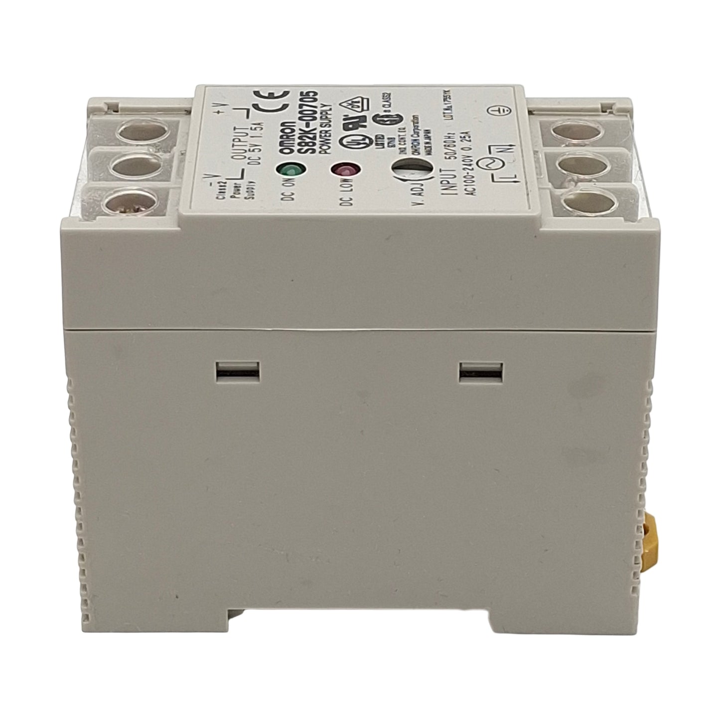 Used Omron S82K-00705 Power Supply, 100-240VAC In, 1.5A 5VDC Out, DIN Rail