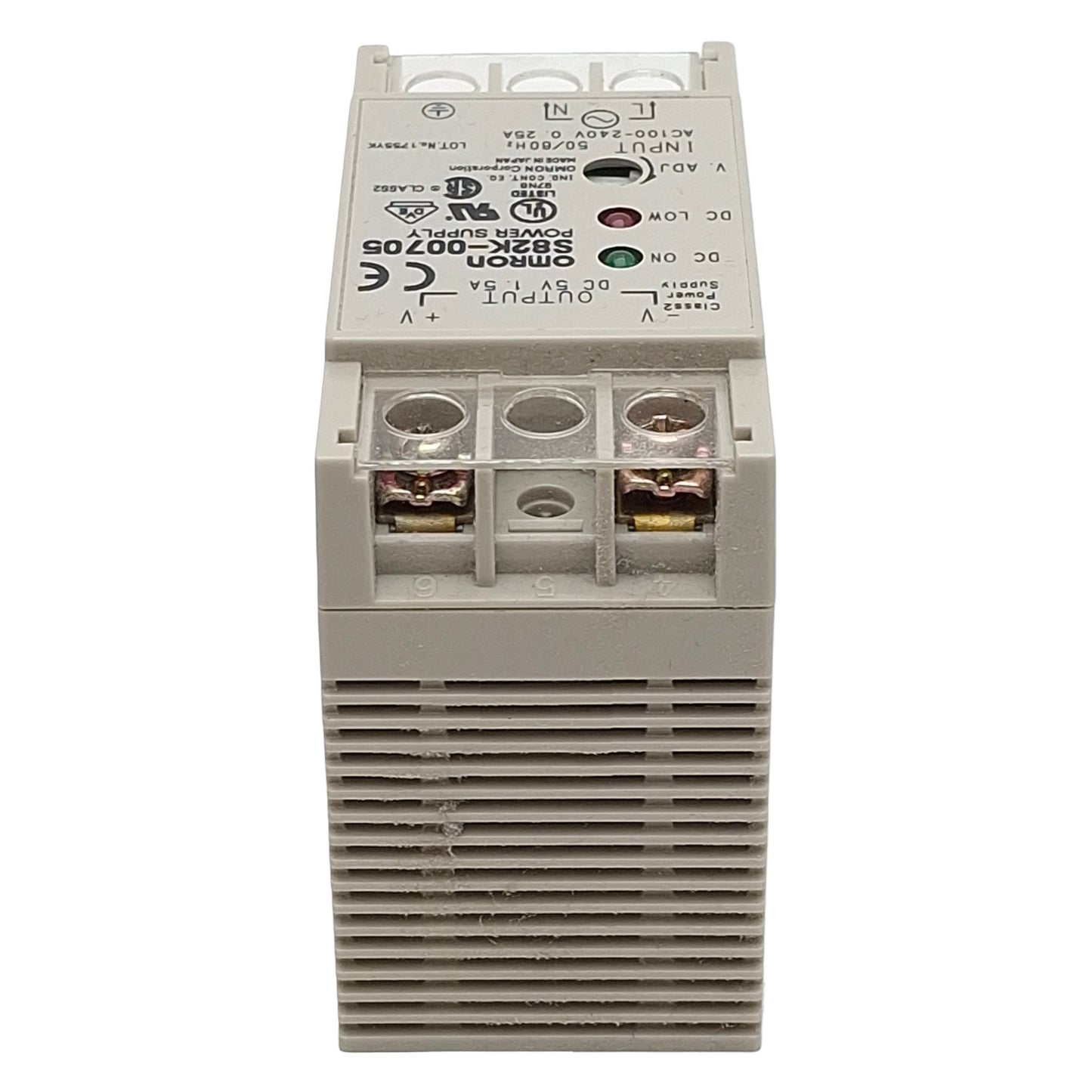 Used Omron S82K-00705 Power Supply, 100-240VAC In, 1.5A 5VDC Out, DIN Rail