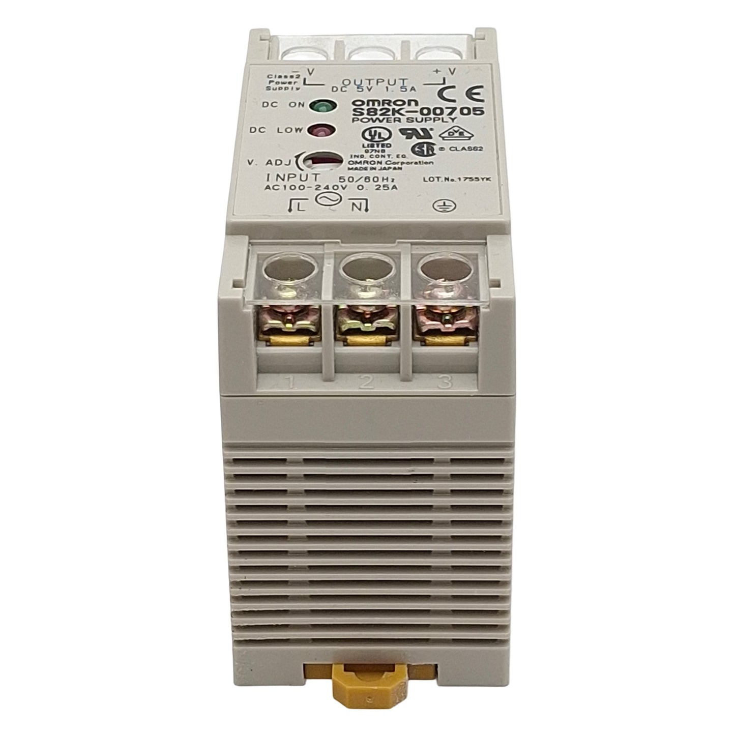 Used Omron S82K-00705 Power Supply, 100-240VAC In, 1.5A 5VDC Out, DIN Rail