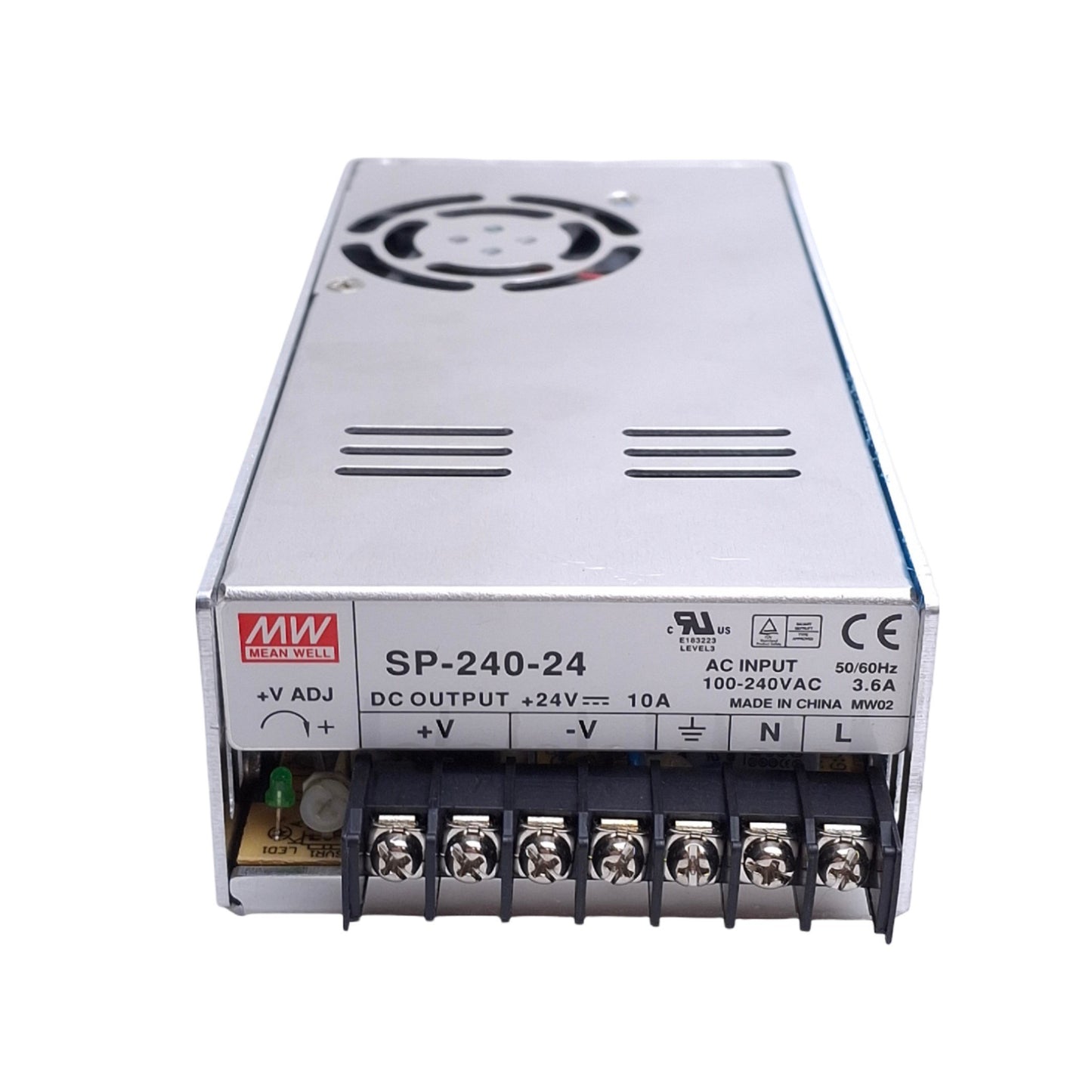 Used Mean Well SP-240-24 Power Supply, 100-240VAC 3.6A Input, 24VDC 10A Output, 240W
