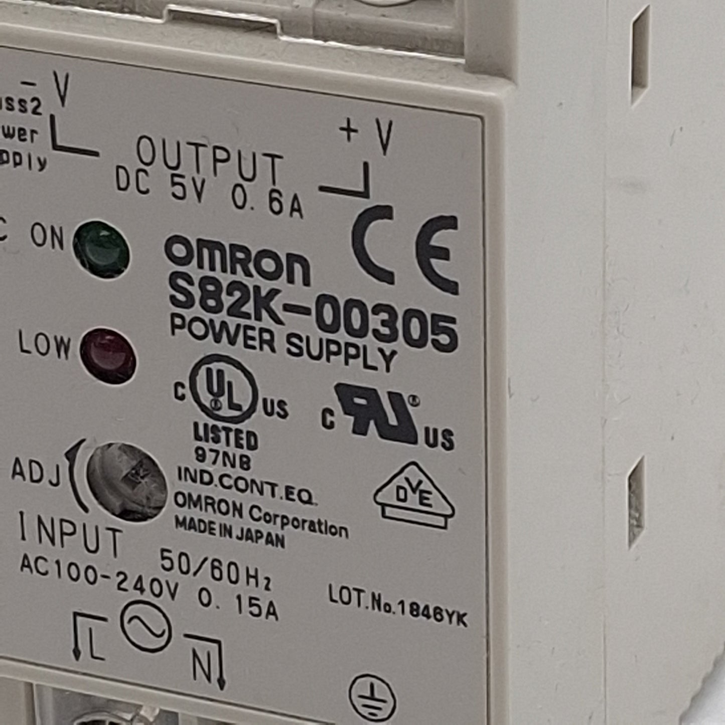 Used Omron S82K-00305 Power Supply, 100-240VAC In, 0.6A 5VDC Out, DIN Rail