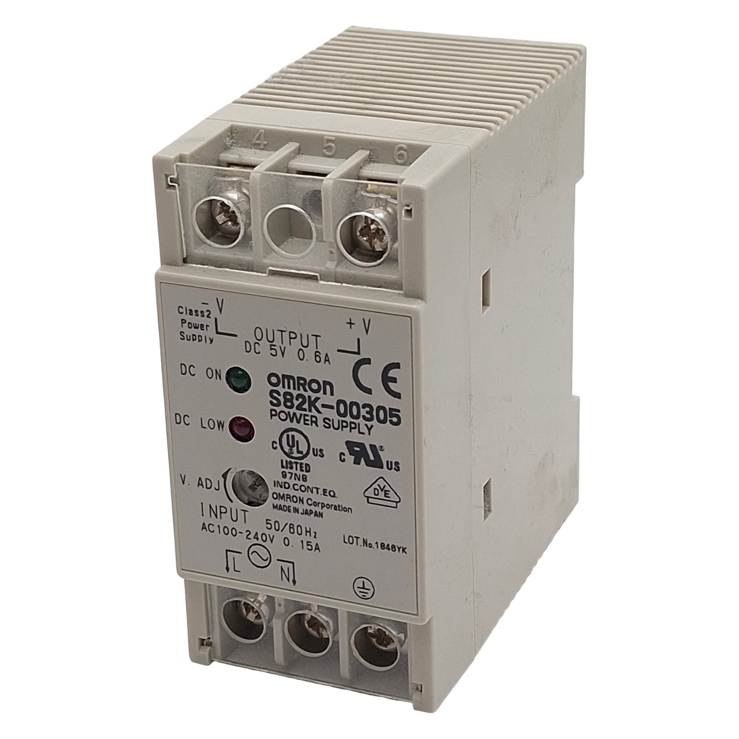 Used Omron S82K-00305 Power Supply, 100-240VAC In, 0.6A 5VDC Out, DIN Rail