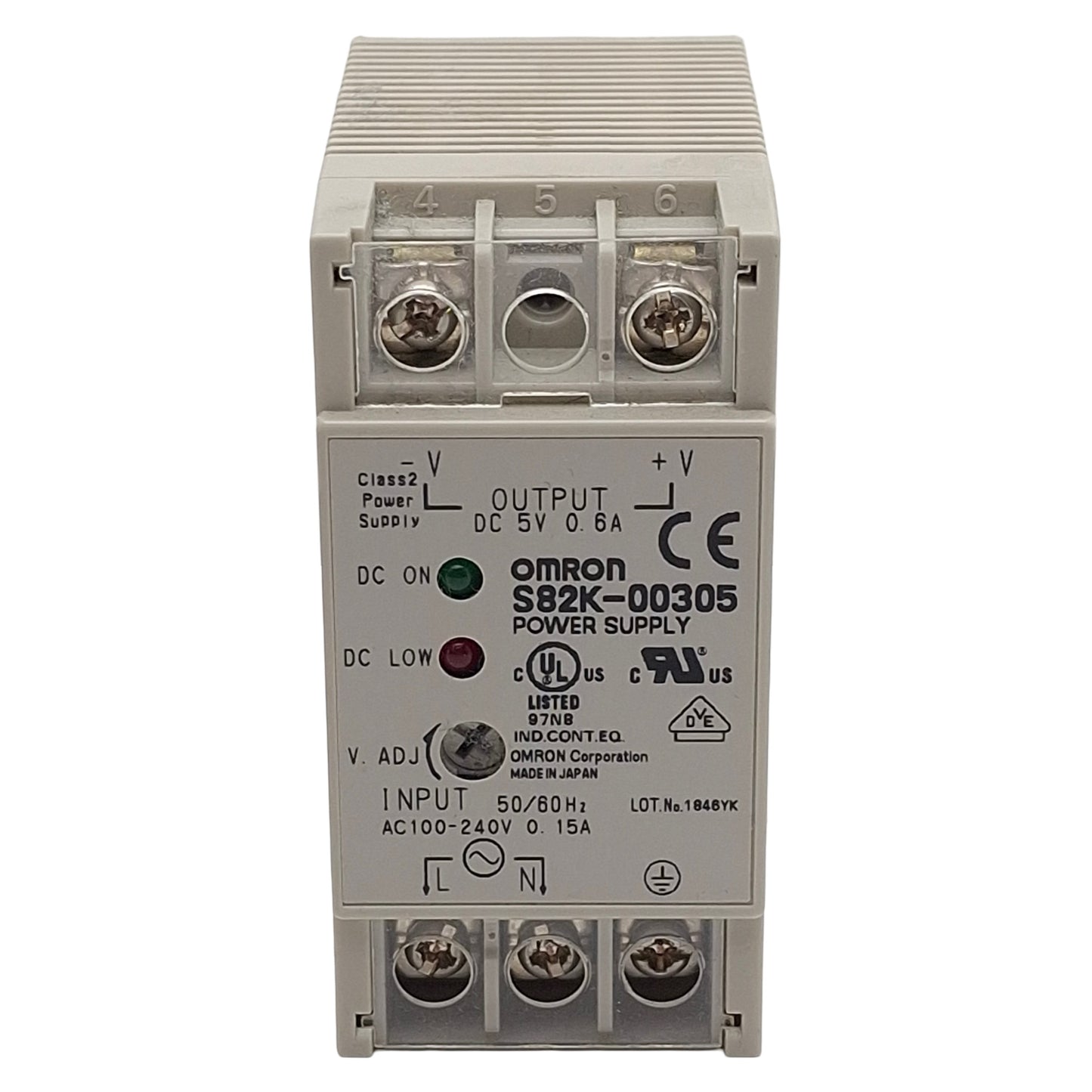 Used Omron S82K-00305 Power Supply, 100-240VAC In, 0.6A 5VDC Out, DIN Rail