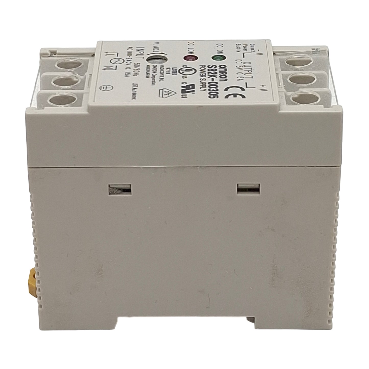 Used Omron S82K-00305 Power Supply, 100-240VAC In, 0.6A 5VDC Out, DIN Rail