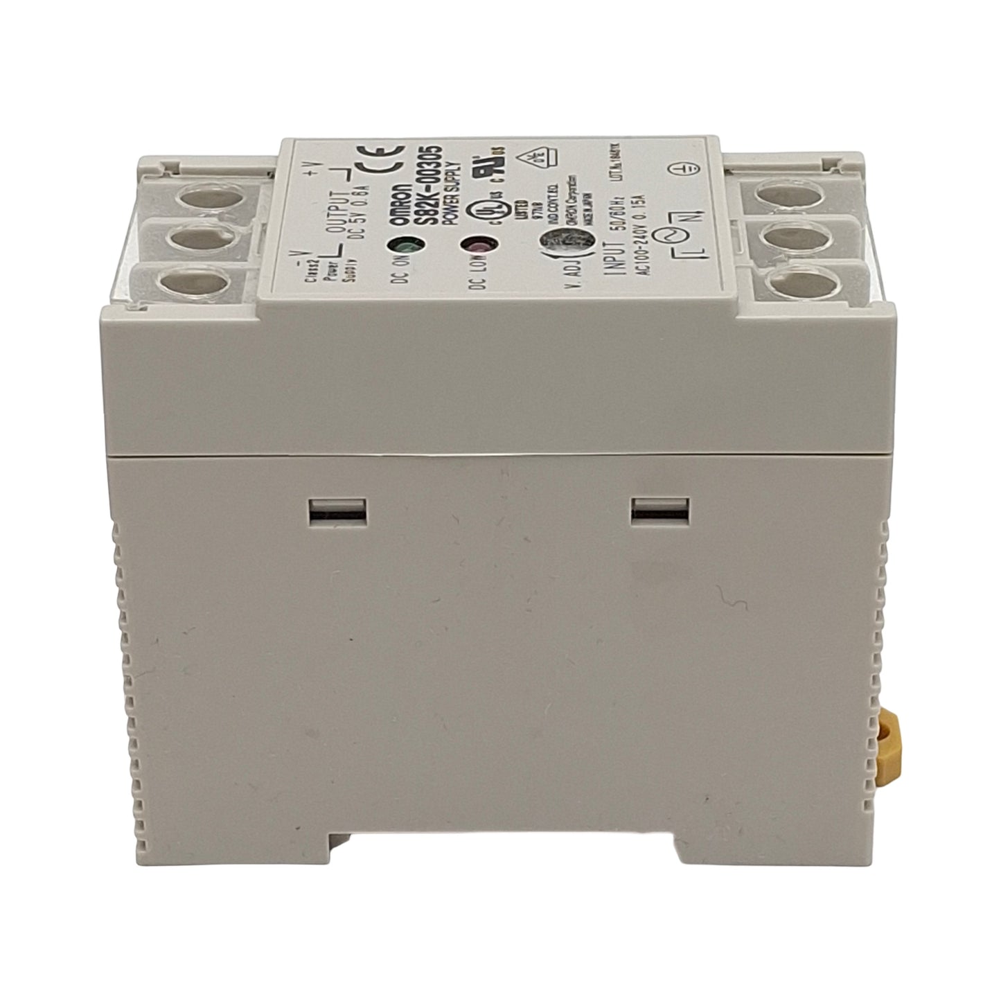 Used Omron S82K-00305 Power Supply, 100-240VAC In, 0.6A 5VDC Out, DIN Rail