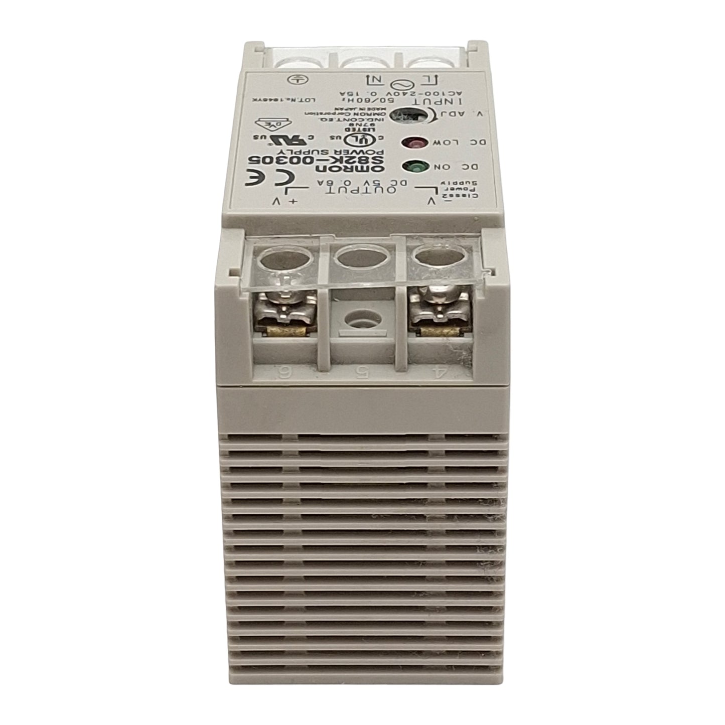 Used Omron S82K-00305 Power Supply, 100-240VAC In, 0.6A 5VDC Out, DIN Rail