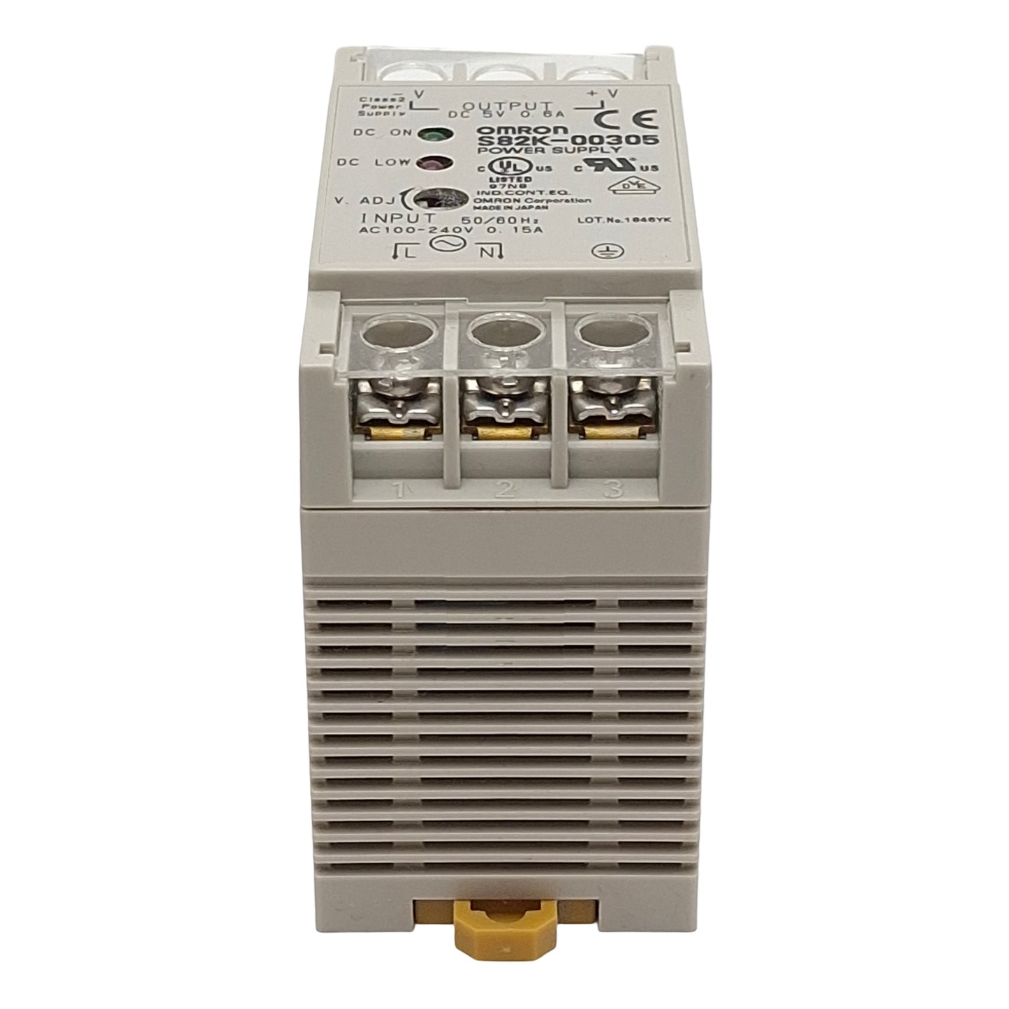 Used Omron S82K-00305 Power Supply, 100-240VAC In, 0.6A 5VDC Out, DIN Rail