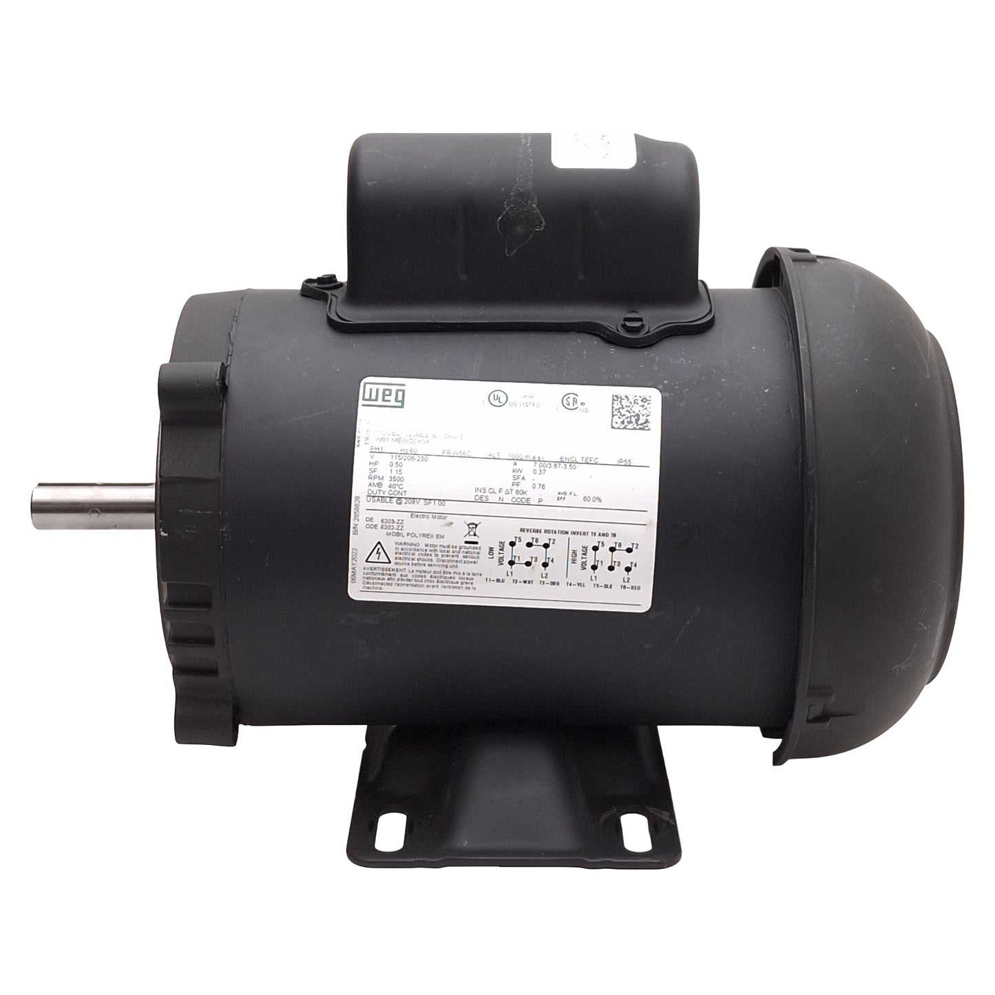 Used WEG .5036ES1BW56C-S AC Motor, 0.37kW / 0.50HP, 115/208-230VAC, NEMA W56C