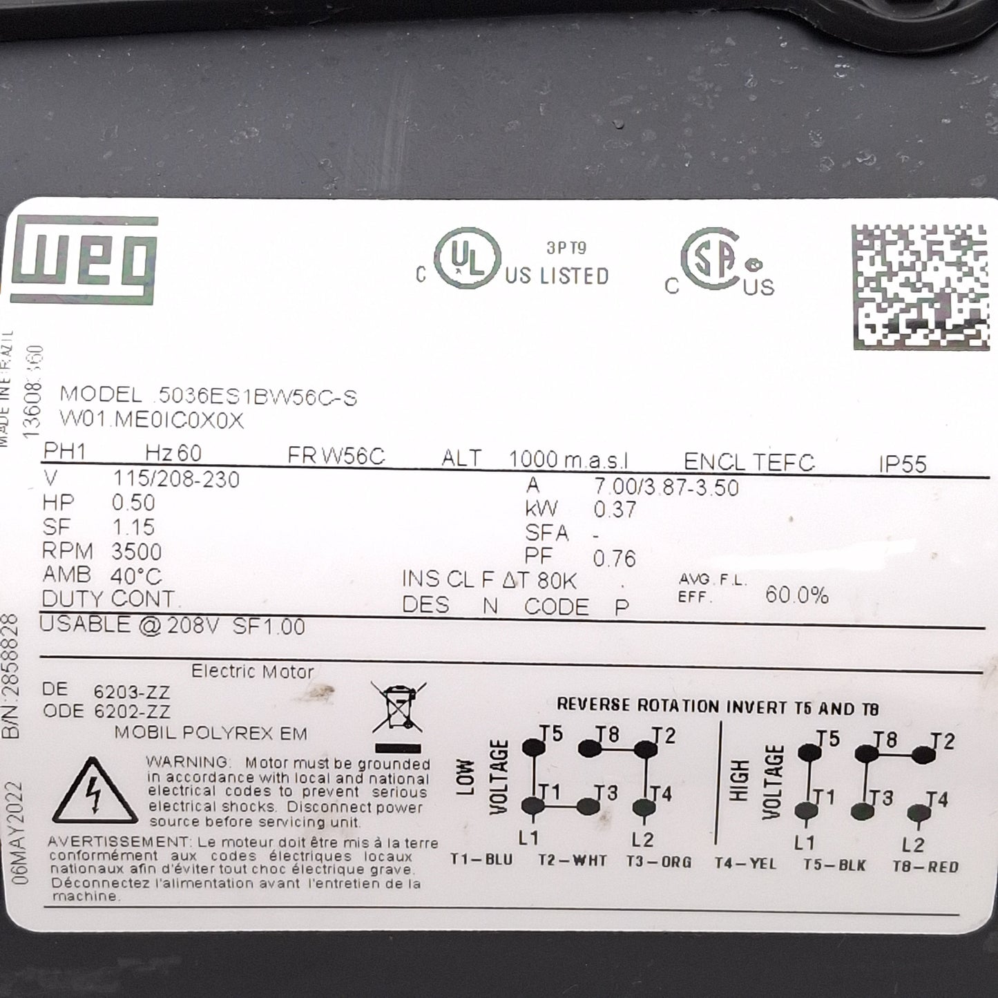 Used WEG .5036ES1BW56C-S AC Motor, 0.37kW / 0.50HP, 115/208-230VAC, NEMA W56C