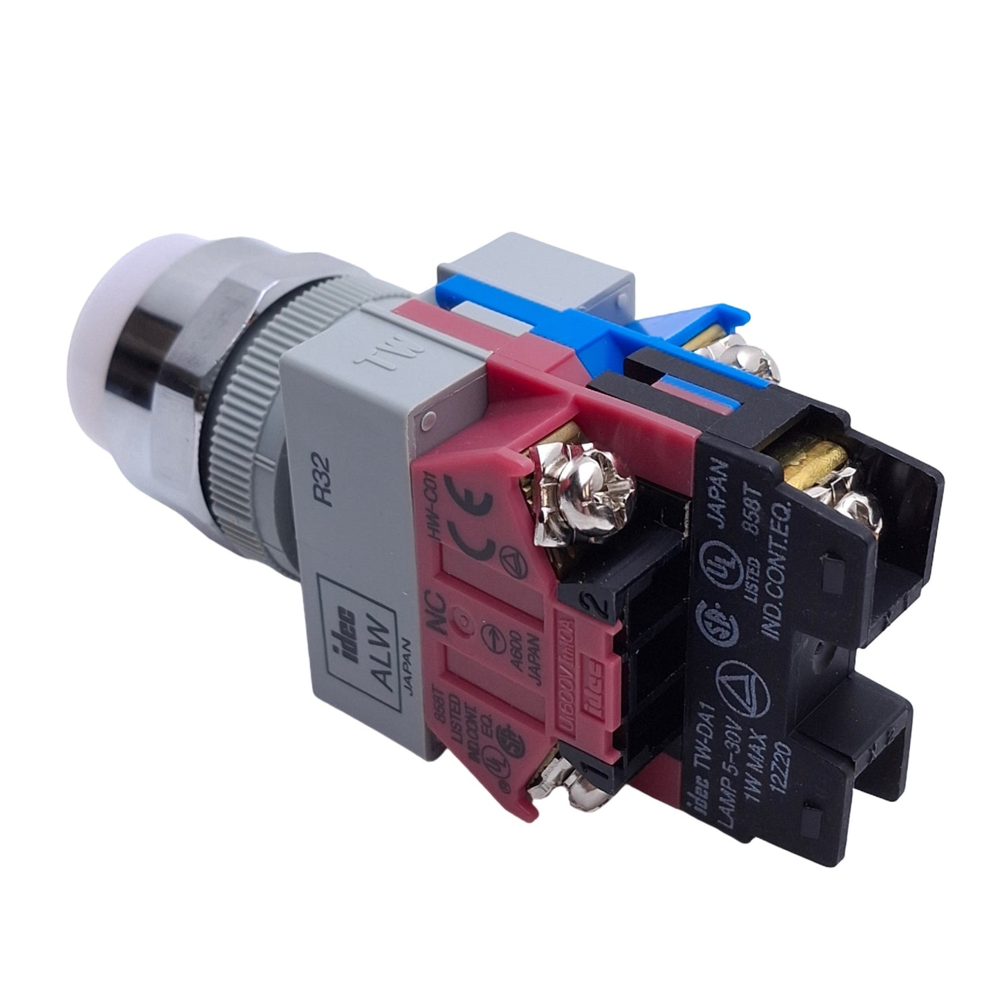 Used Idec ALW29911D-W-24V Pushbutton Switch, White, Extended, Illuminated, 1NO+1NC