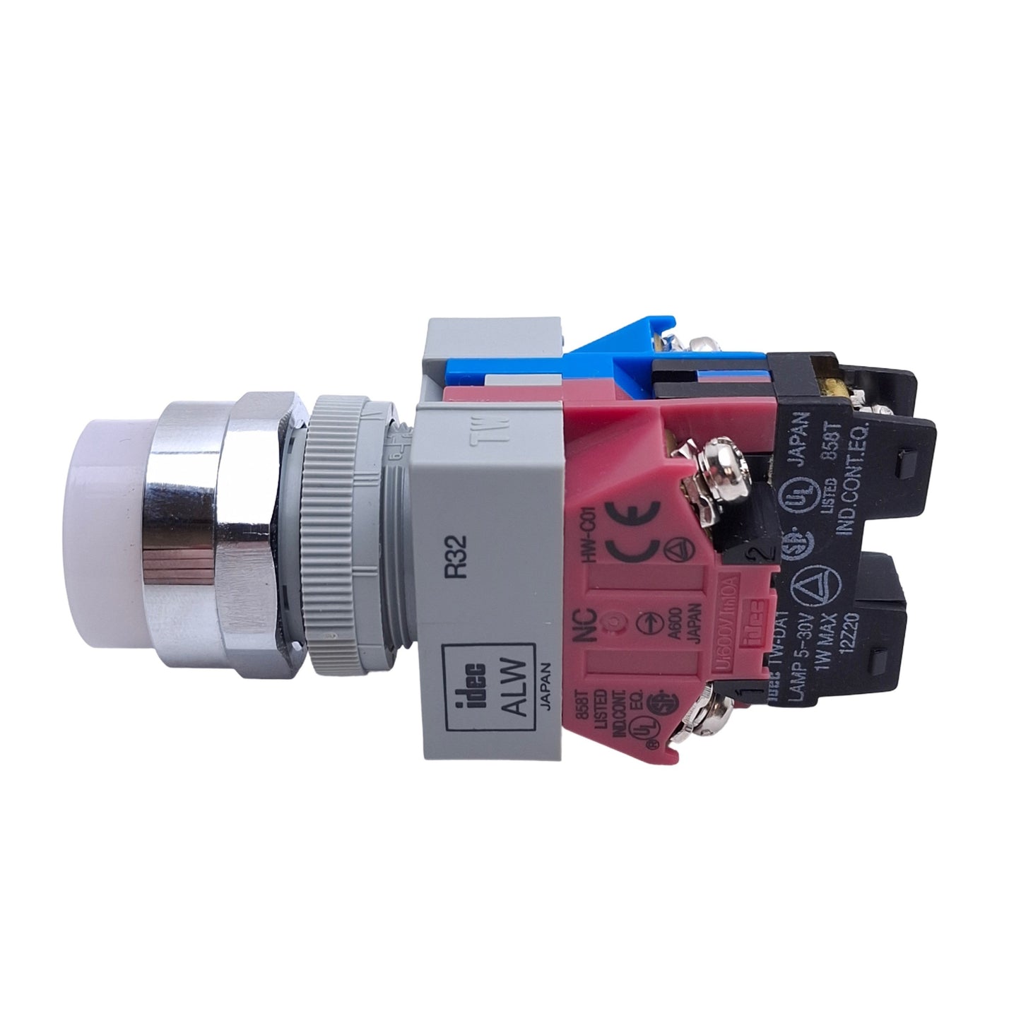 Used Idec ALW29911D-W-24V Pushbutton Switch, White, Extended, Illuminated, 1NO+1NC
