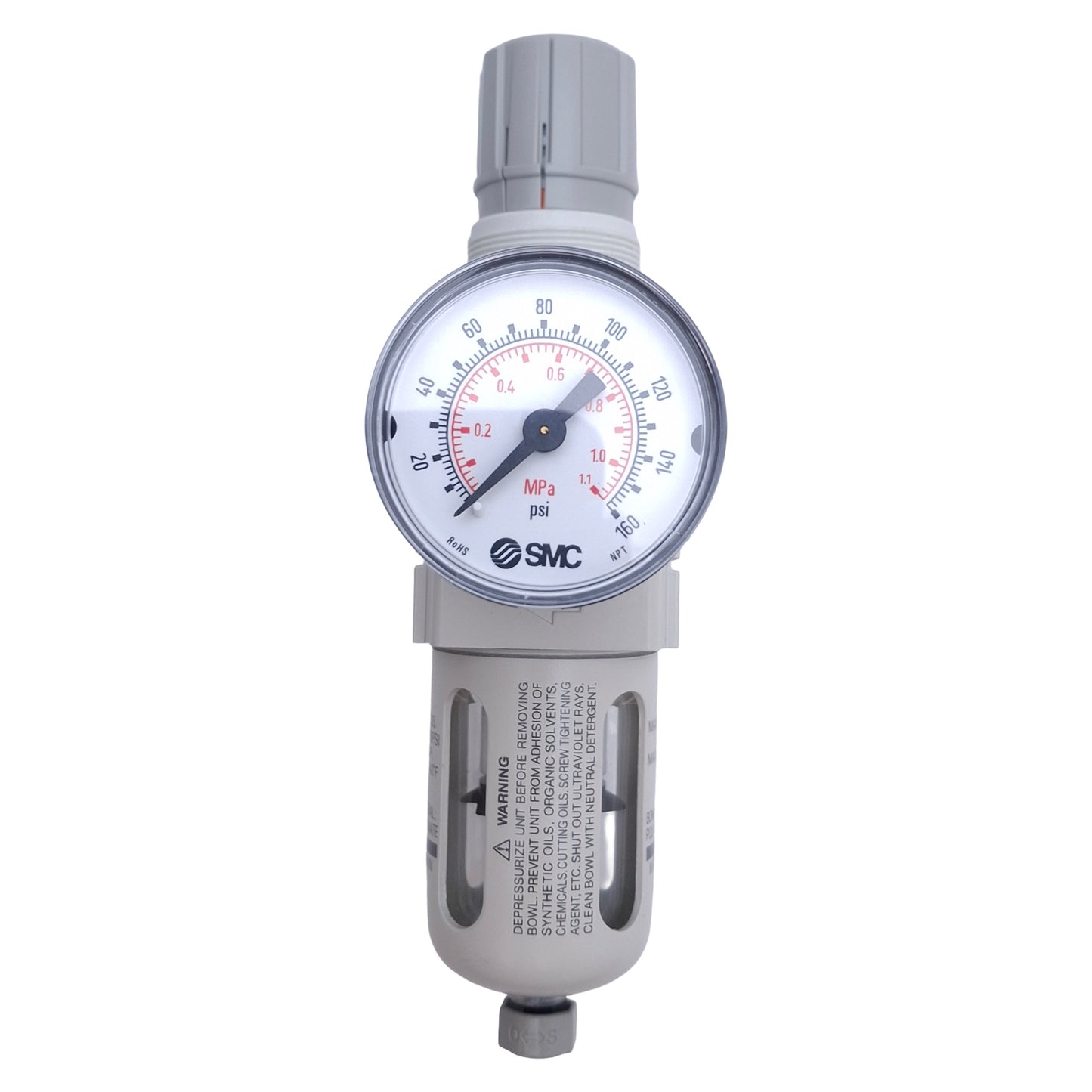 Used SMC AW20-N02-CZ-B Filter/Regulator, 1/4" NPT, 7-125psi, With 0-160psi Gauge