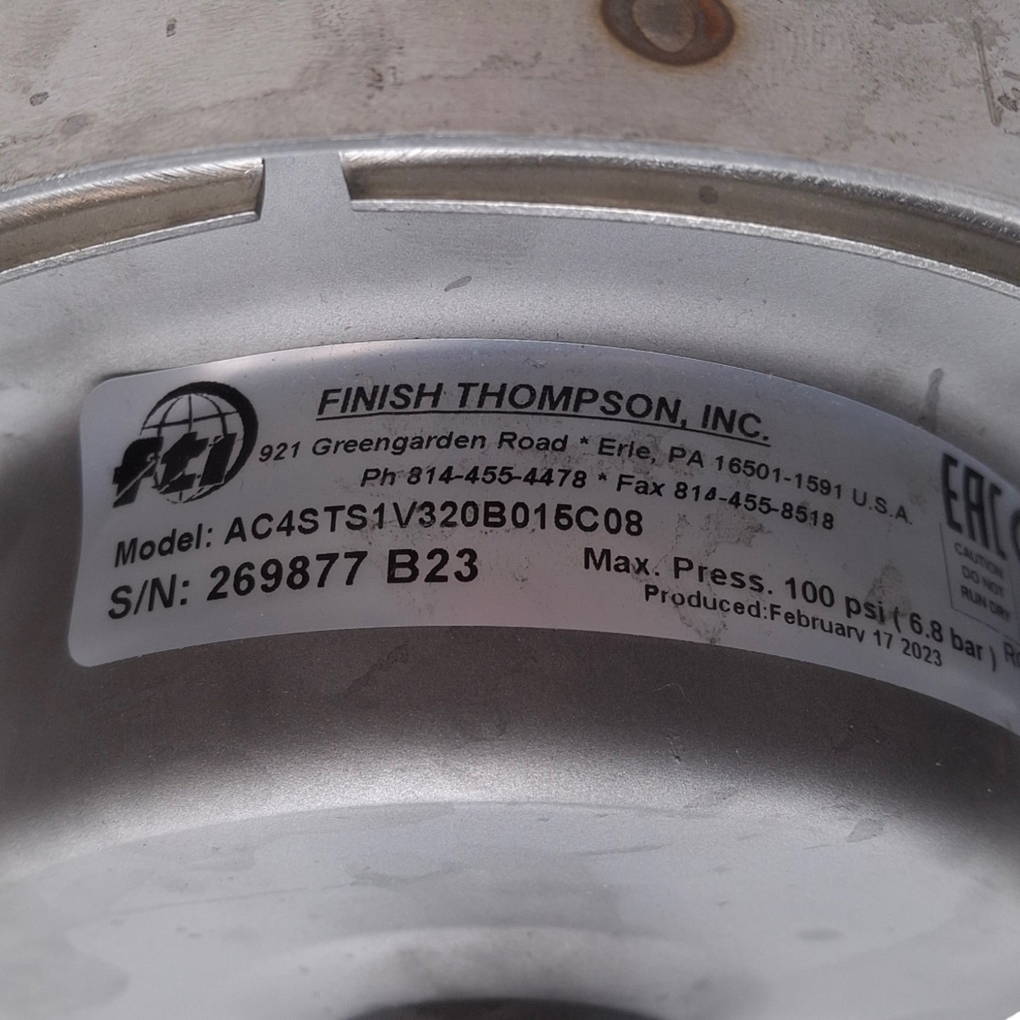 Used Finish Thompson AC4STS1V320B01C08 Centrifugal Pump Head 100psi, 39GPM, 56C Frame