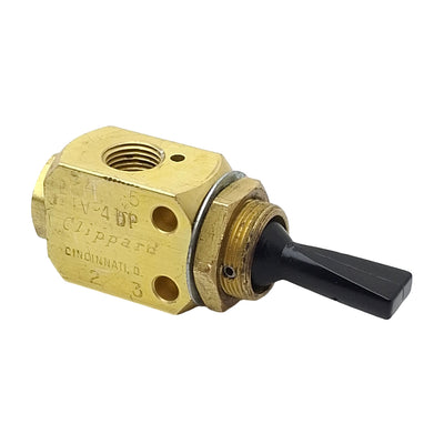 Used Clippard TV-4DP Brass Toggle Valve, 4/3-Way, 1/8in NPT, 150psi Max, 125l/min
