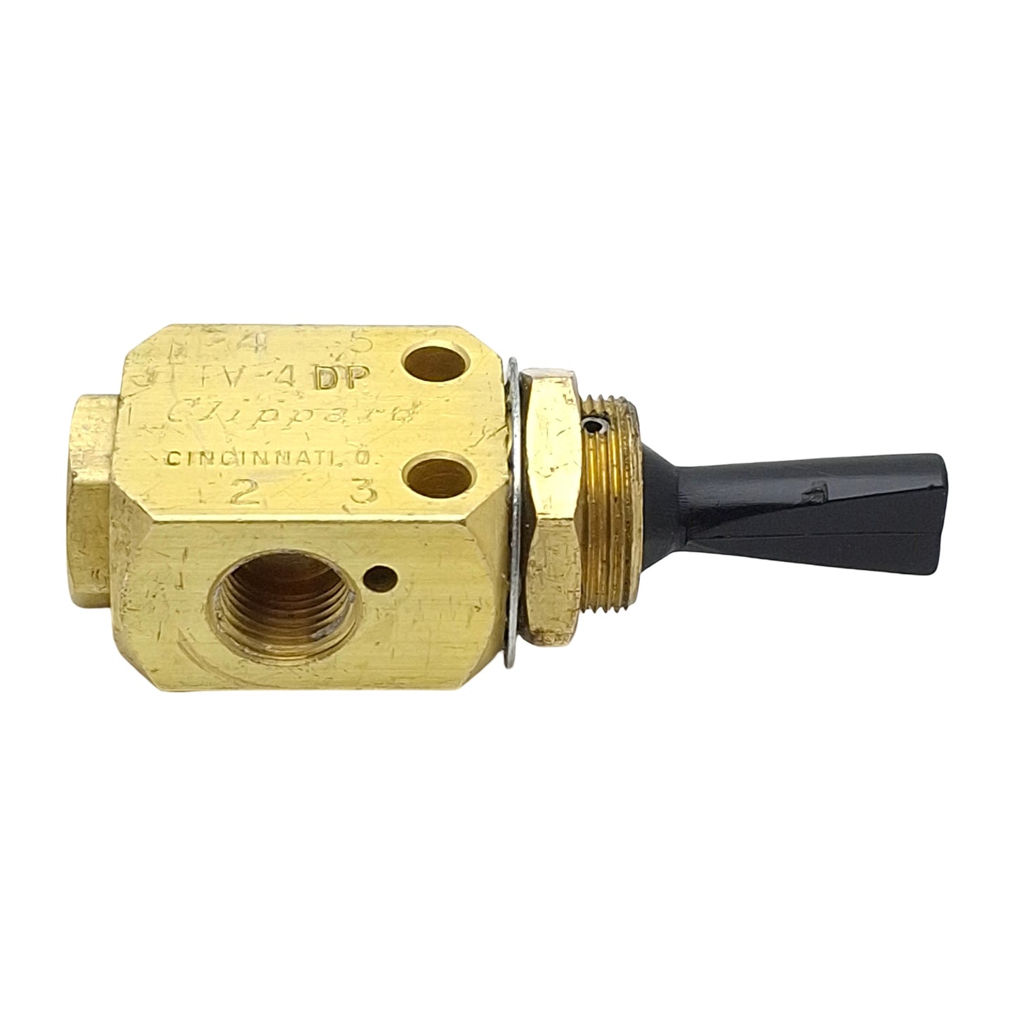 Used Clippard TV-4DP Brass Toggle Valve, 4/3-Way, 1/8in NPT, 150psi Max, 125l/min