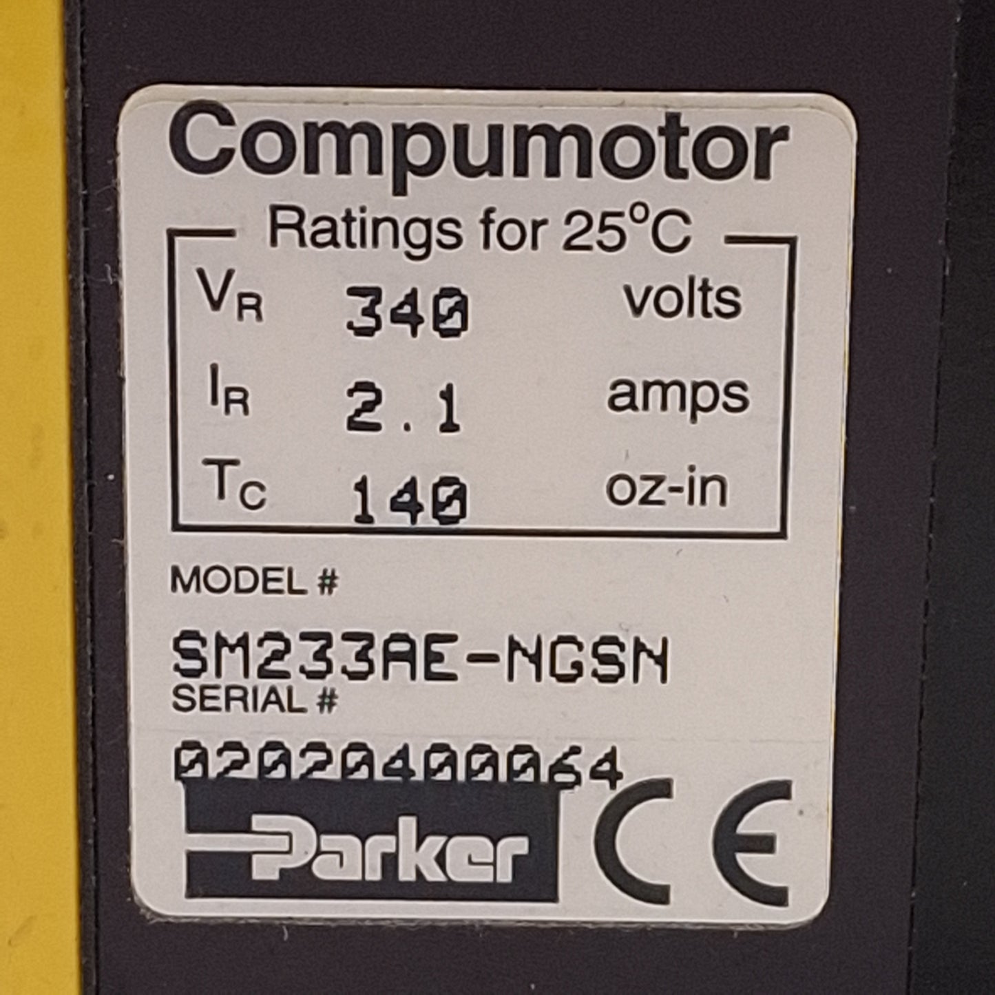 Used Parker SM233AE-NGSN Servo Motor, 340VDC Bus, 2.1A, 140oz-in, 1000ppr, NEMA 23