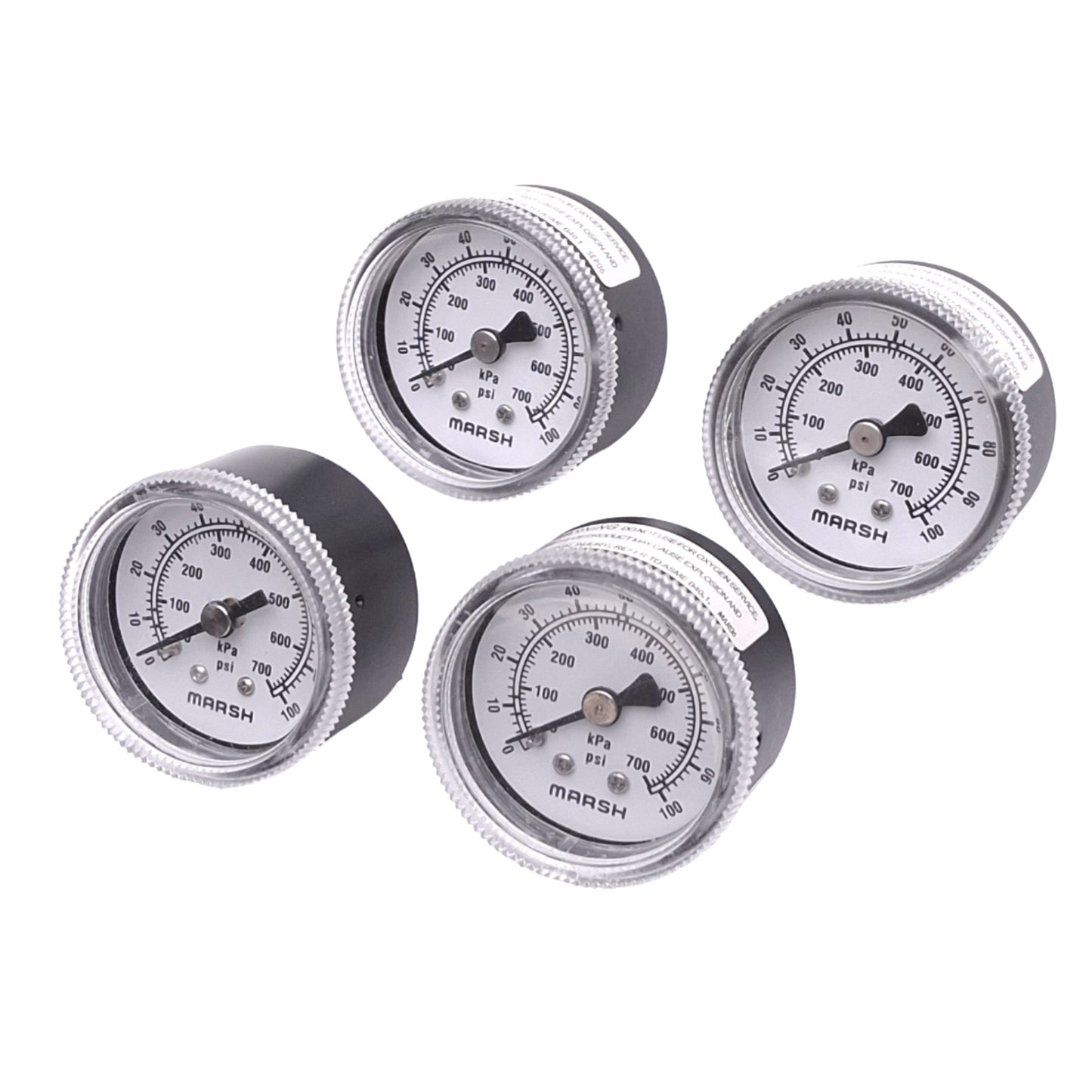 Used Lot of 4 Marsh J0548 Air Pressure Gauges, ø1.5in, 100psi/700kPa, 1/8in NPT