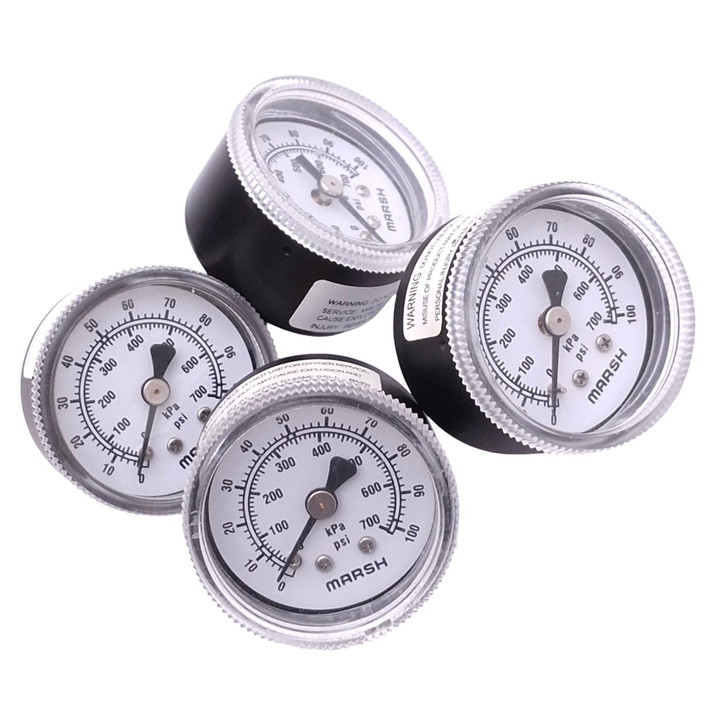 Used Lot of 4 Marsh J0548 Air Pressure Gauges, ø1.5in, 100psi/700kPa, 1/8in NPT