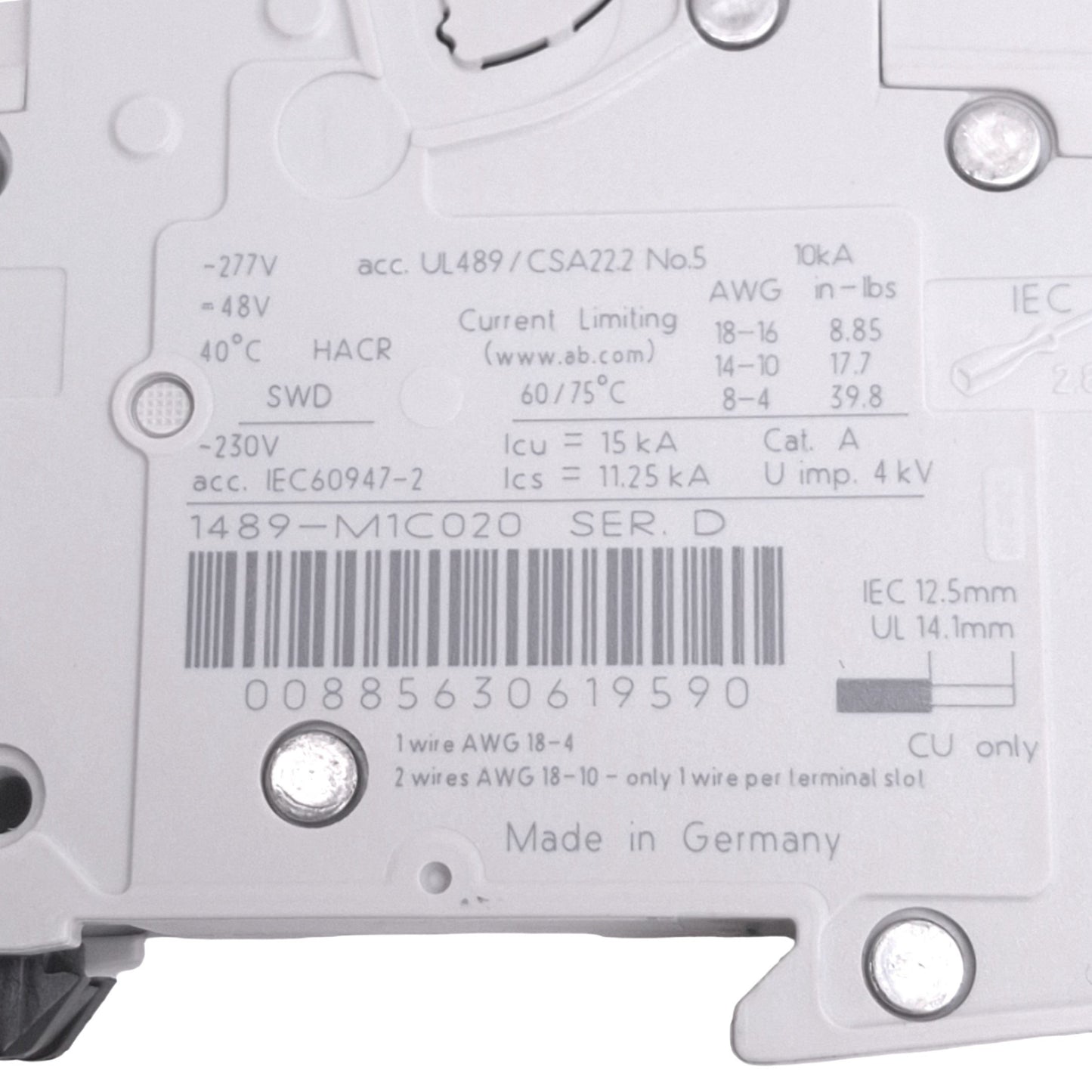 Used Allen Bradley 1489-M1C020 Circuit Breaker, 1-Pole 2A, 277VAC, DIN Rail