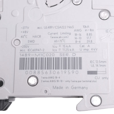 Used Allen Bradley 1489-M1C020 Circuit Breaker, 1-Pole 2A, 277VAC, DIN Rail